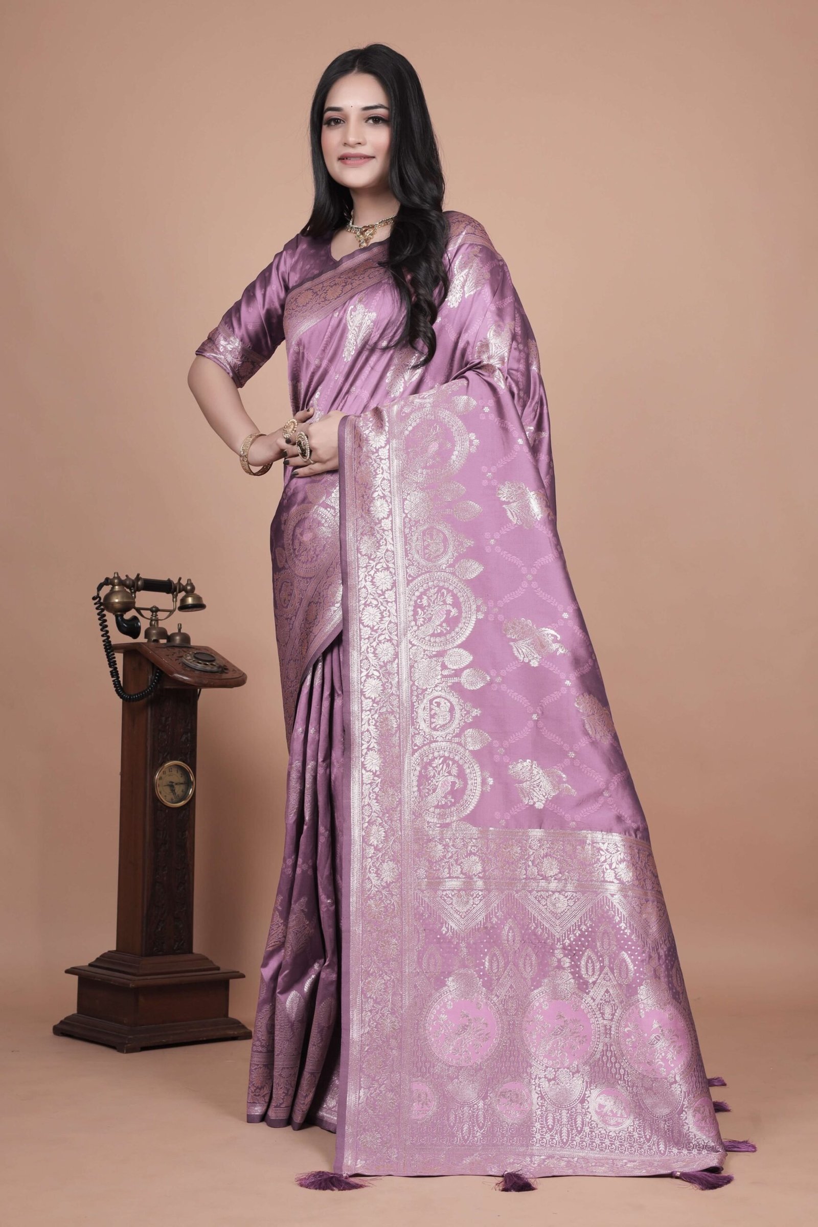 Lavender Banarasi Silk Saree with Silver Zari | Floral & Paisley Motifs | Wedding, Festive & Traditional Wear