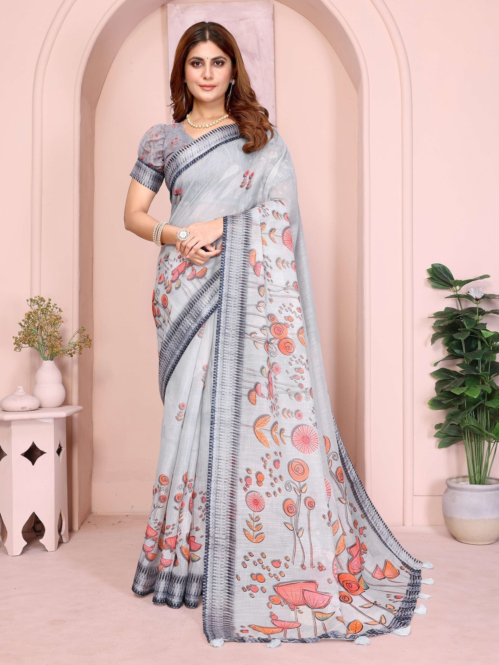Light Grey Linen Cotton Saree with Artistic Coral & Pink Floral Prints