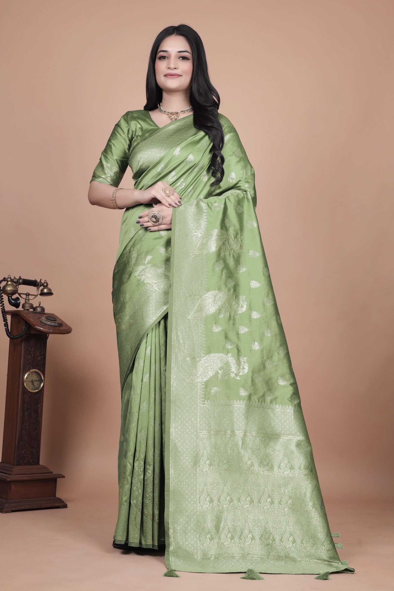 Lime Green Banarasi Silk Saree with Golden Zari & Peacock Motifs | Wedding, Festive & Traditional Wear | Designer Saree