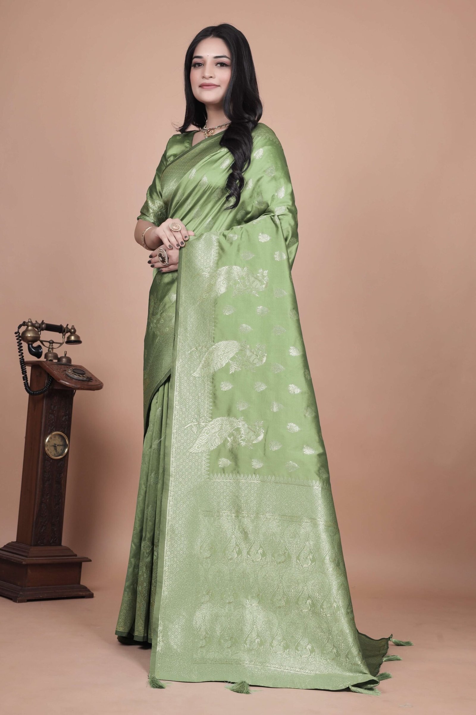 Lime Green Banarasi Silk Saree with Golden Zari & Peacock Motifs | Wedding, Festive & Traditional Wear | Designer Saree