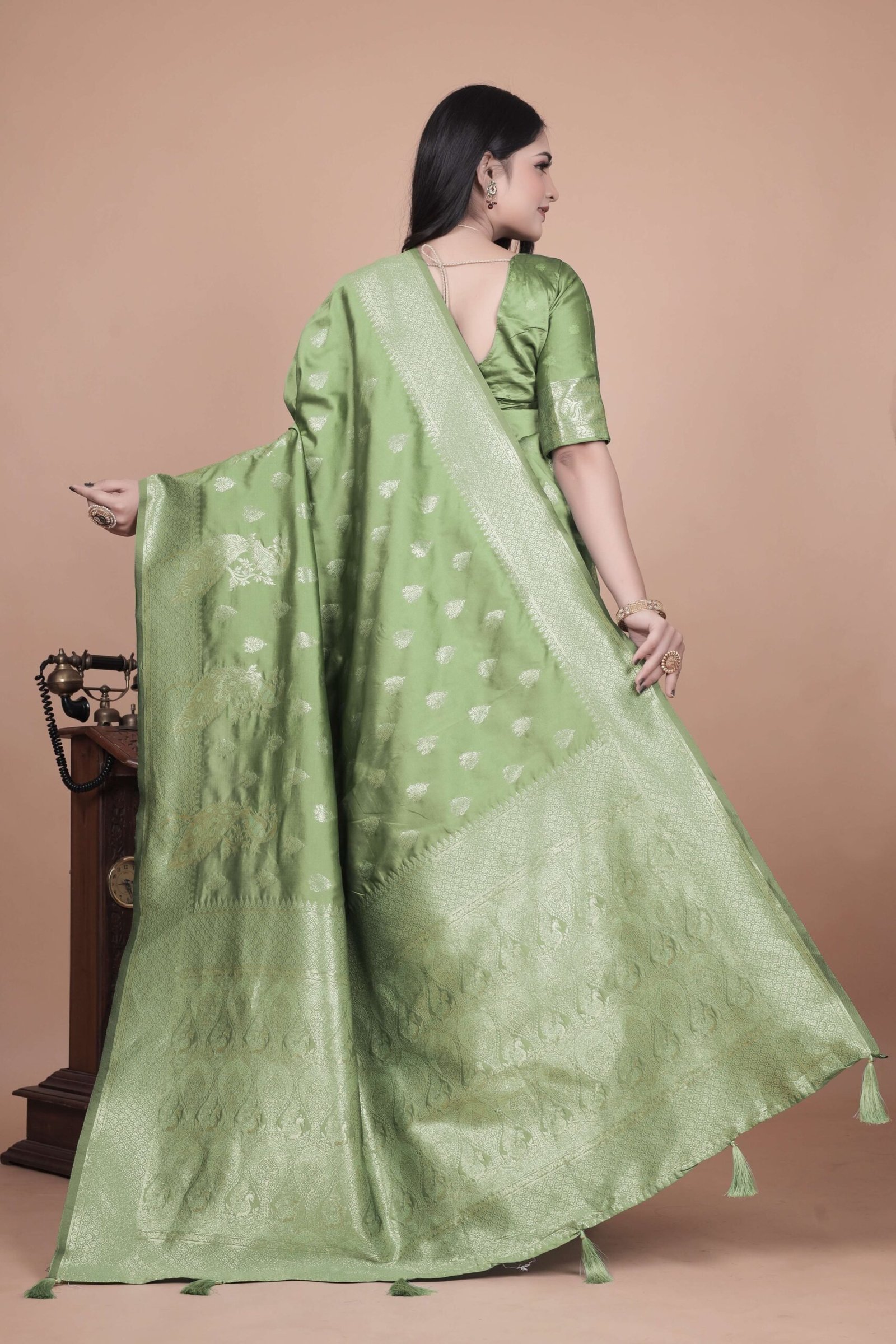 Lime Green Banarasi Silk Saree with Golden Zari & Peacock Motifs | Wedding, Festive & Traditional Wear | Designer Saree