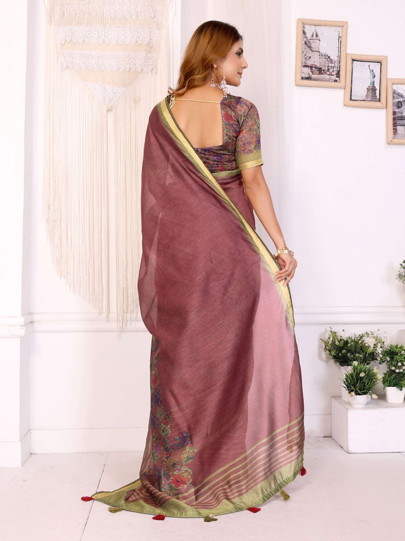 Maroon & Olive Floral Printed Chanderi Saree ? Elegant Festive & Traditional Wear