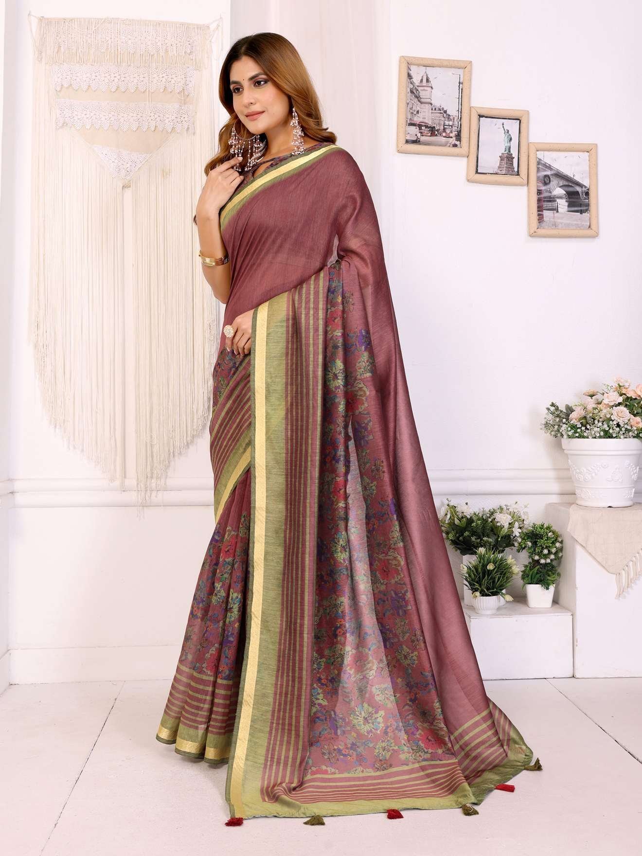 Maroon & Olive Floral Printed Chanderi Saree ? Elegant Festive & Traditional Wear