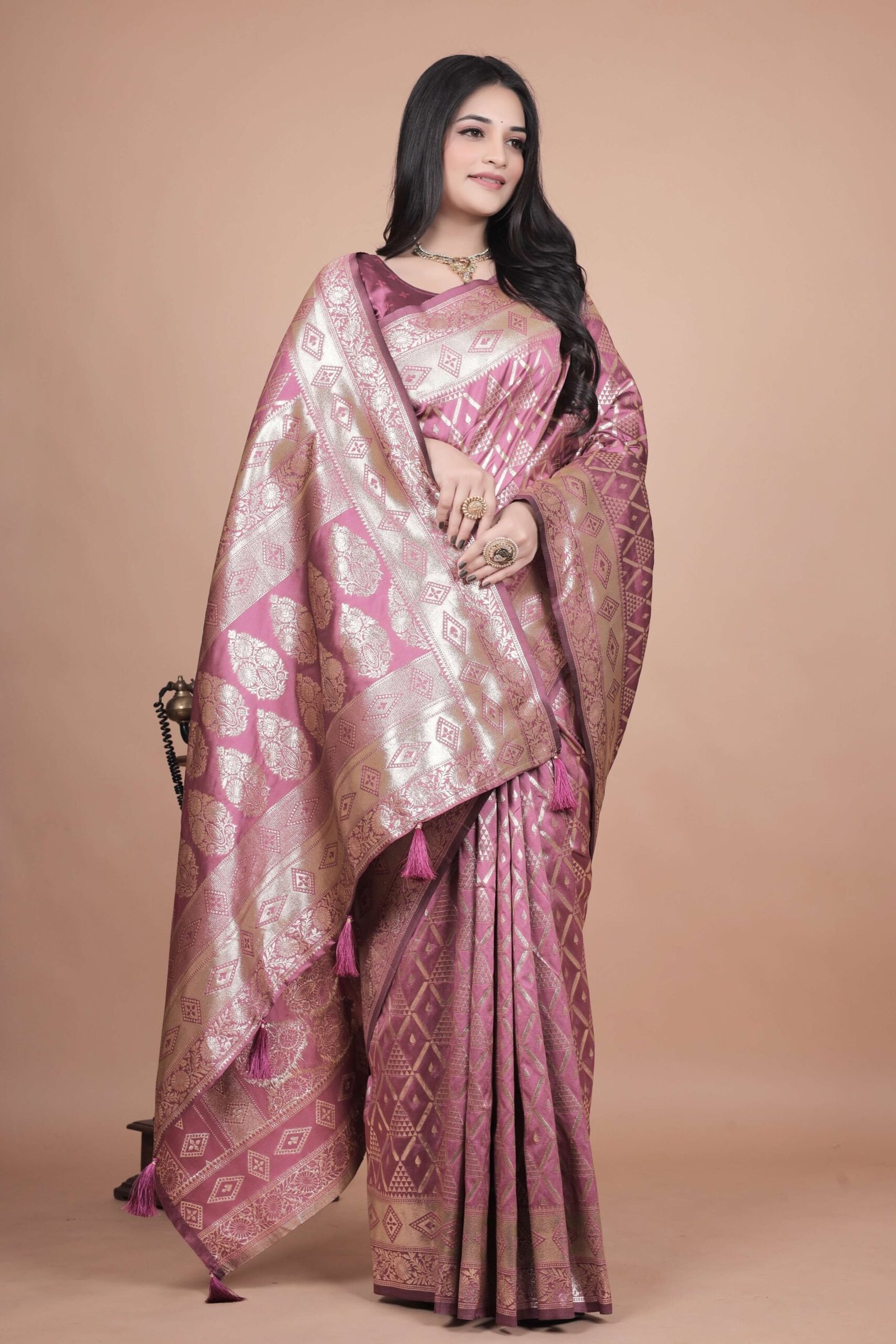 Mauve Banarasi Silk Saree with Silver Geometric & Floral Zari | Wedding & Festive Wear | Elegant Designer Saree