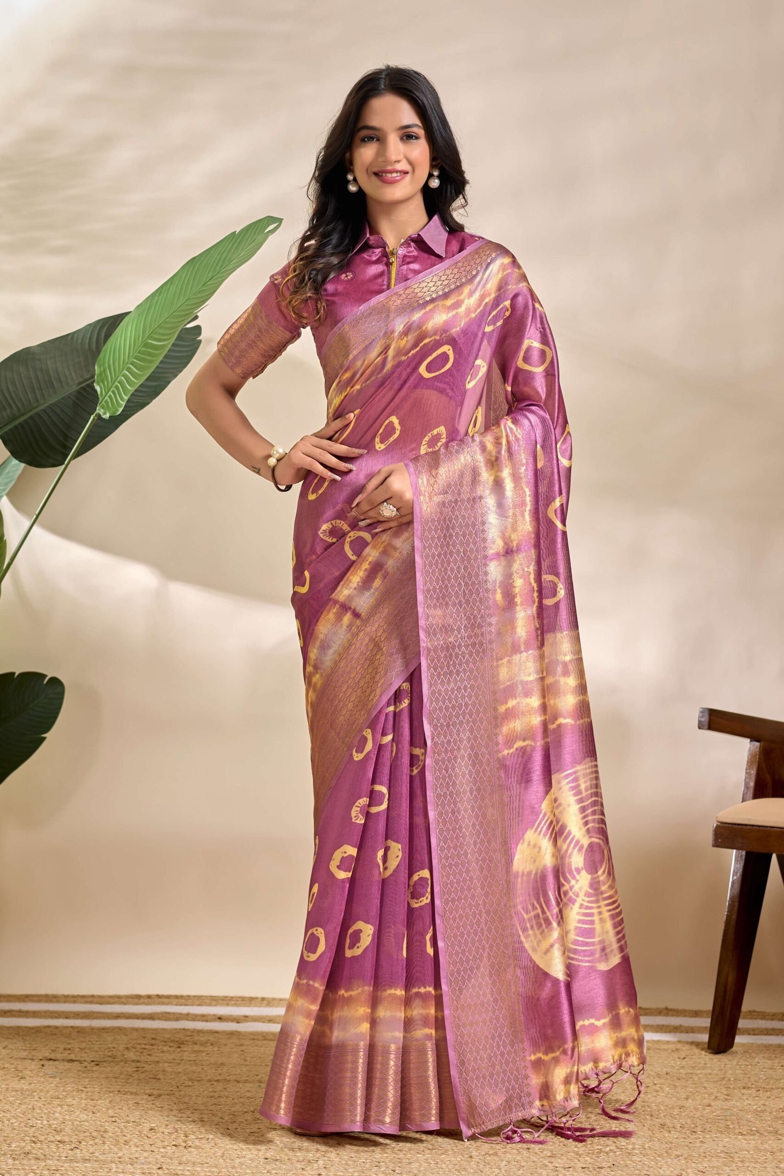 Mauve Soft Silk Blend Saree with Tie-Dye & Zari Detailing
