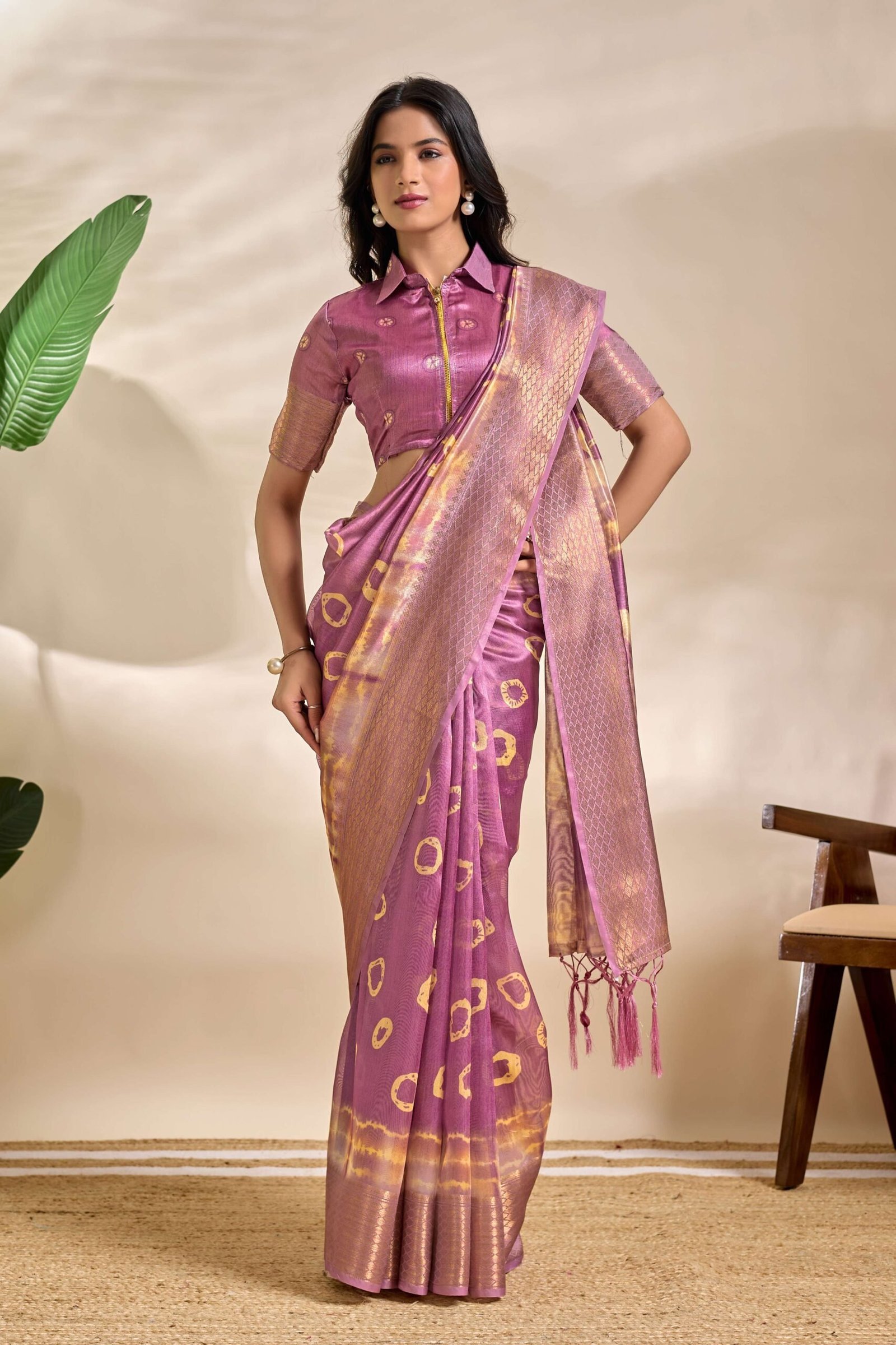 Mauve Soft Silk Blend Saree with Tie-Dye & Zari Detailing