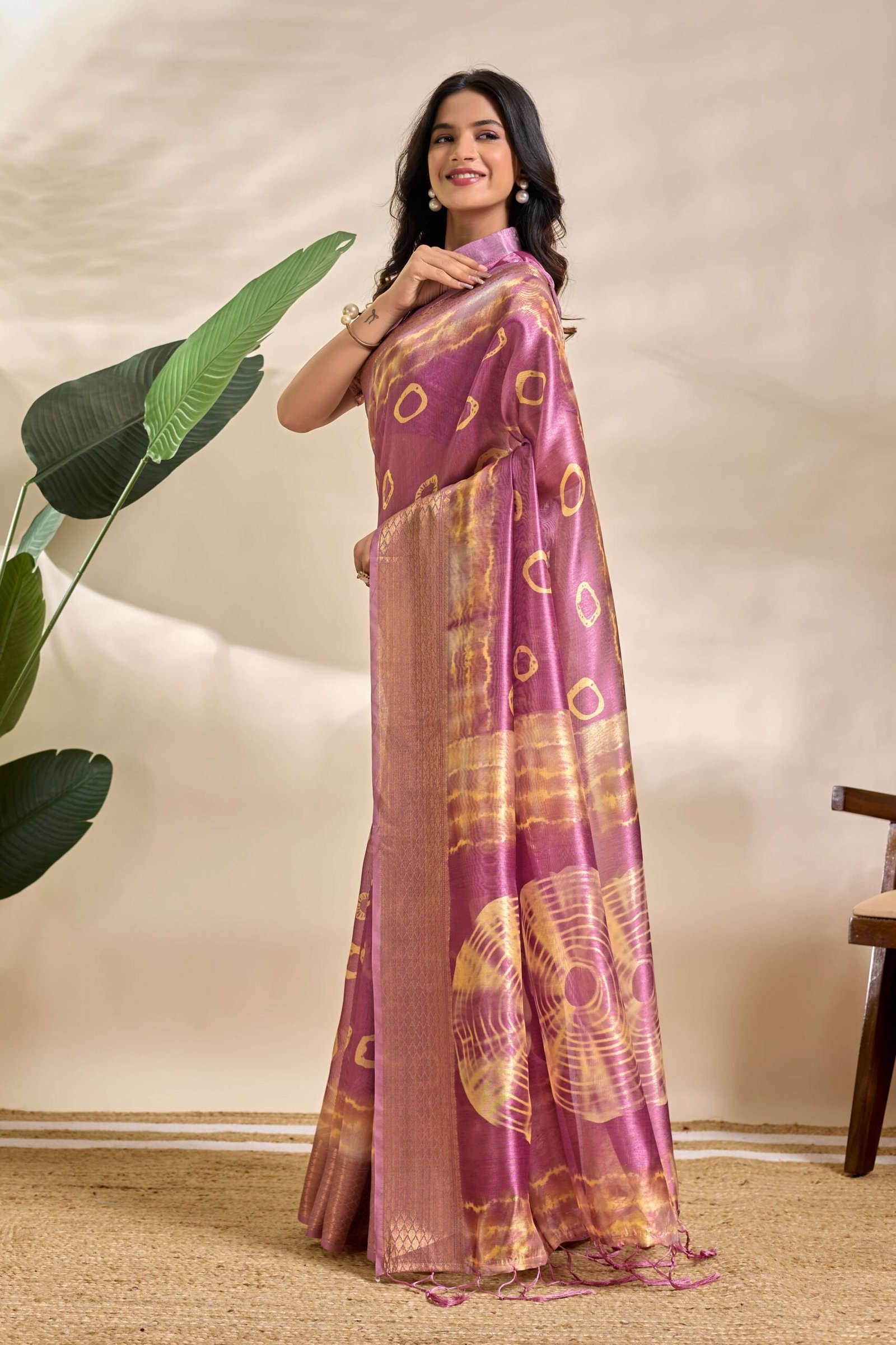 Mauve Soft Silk Blend Saree with Tie-Dye & Zari Detailing