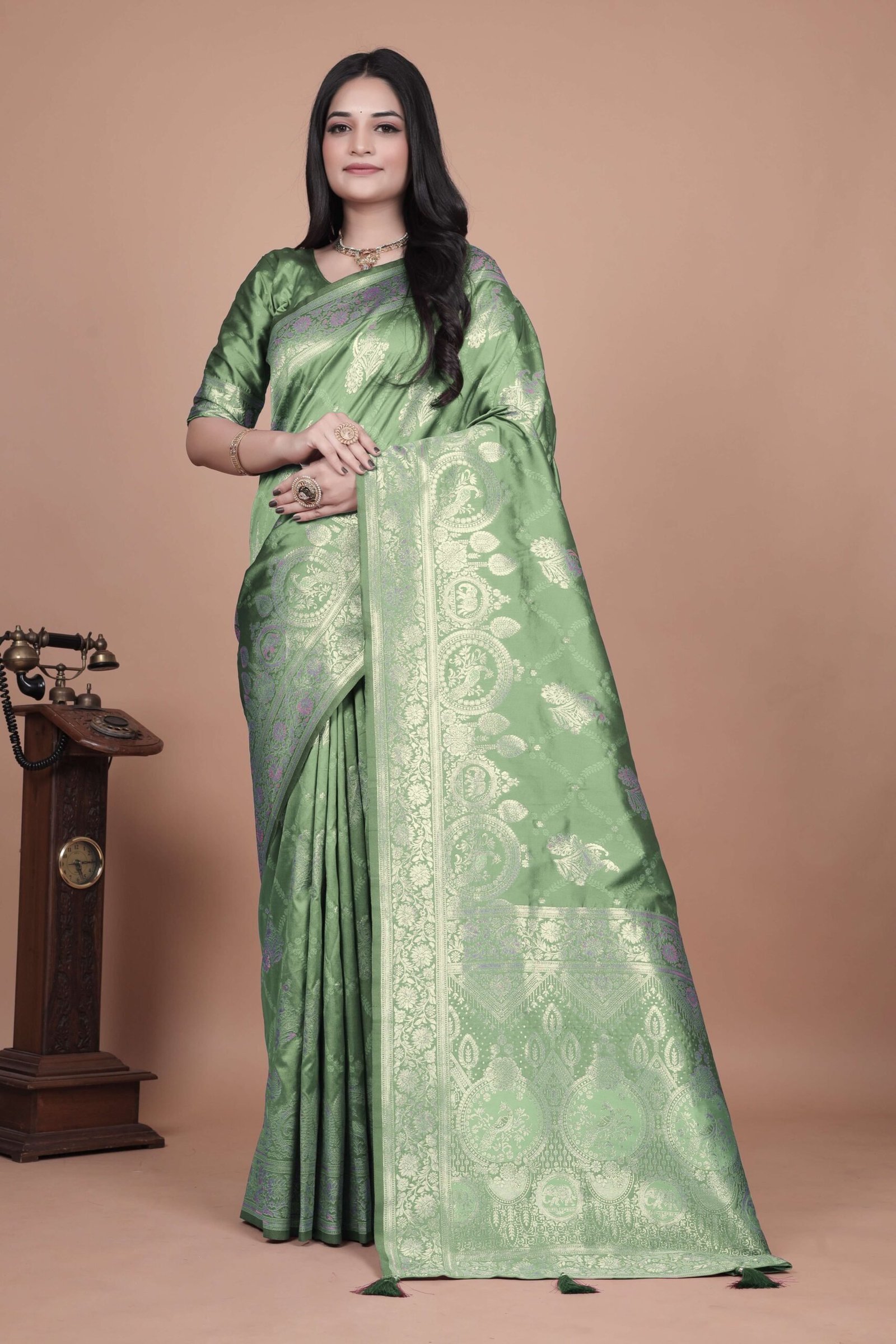 Mint Green Banarasi Silk Saree with Golden Zari | Floral & Ornate Pallu | Wedding, Festive & Traditional Wear