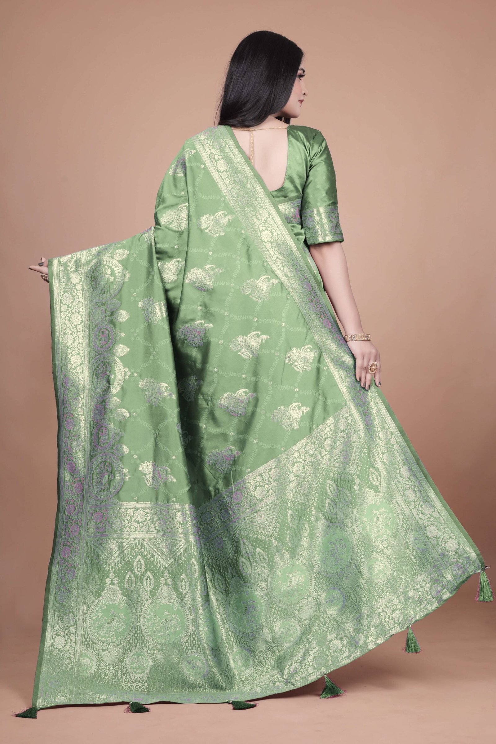 Mint Green Banarasi Silk Saree with Golden Zari | Floral & Ornate Pallu | Wedding, Festive & Traditional Wear