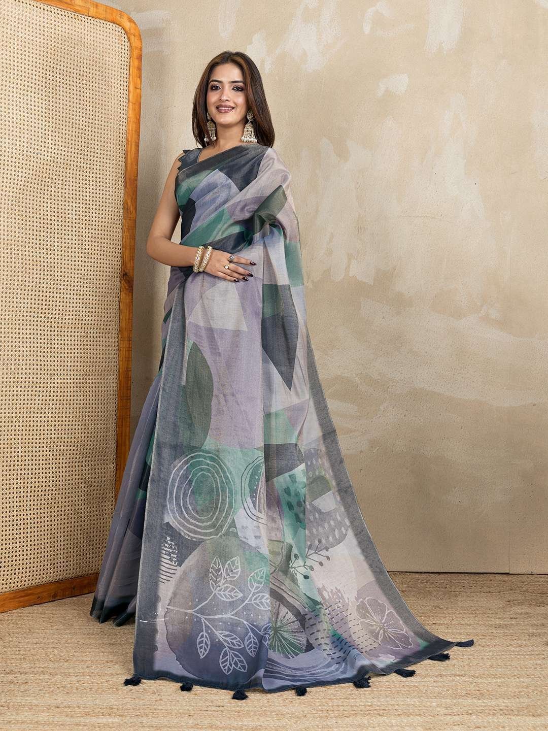 Modern Abstract Printed Linen Saree in Grey and Teal with Geometric and Artistic Patterns