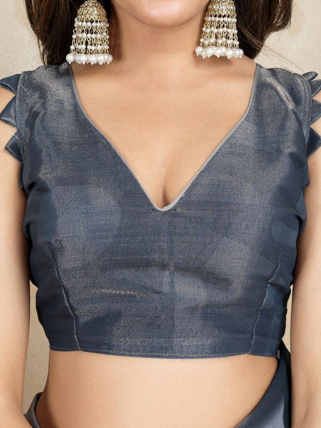 Modern Abstract Printed Linen Saree in Grey and Teal with Geometric and Artistic Patterns