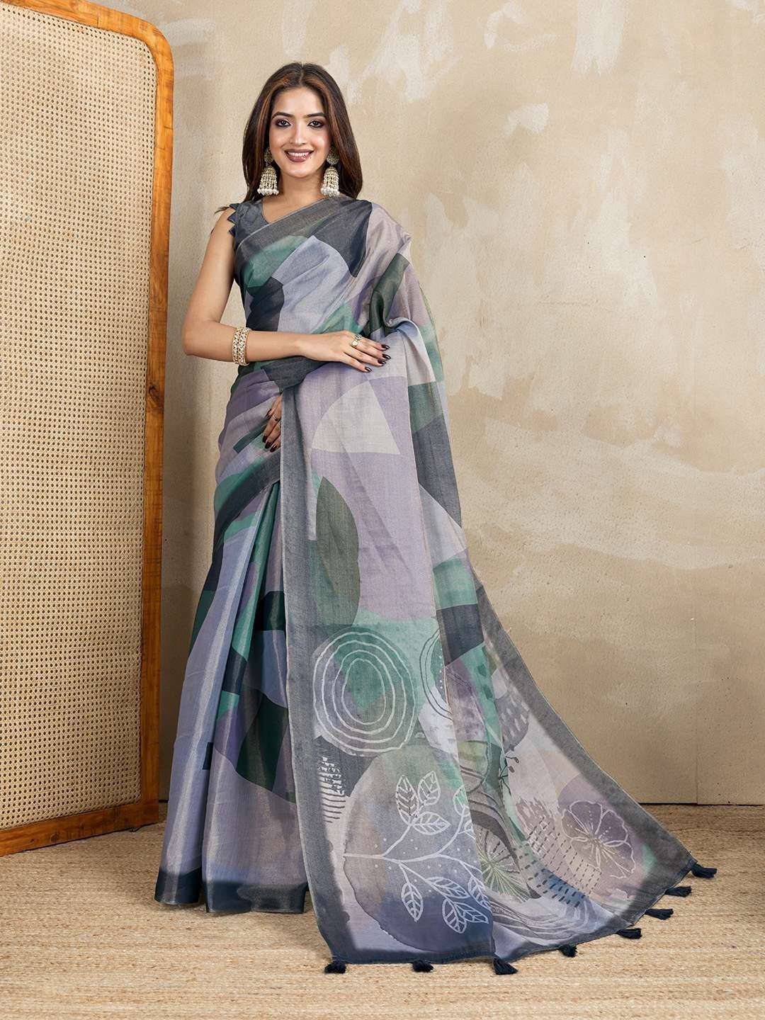 Modern Abstract Printed Linen Saree in Grey and Teal with Geometric and Artistic Patterns