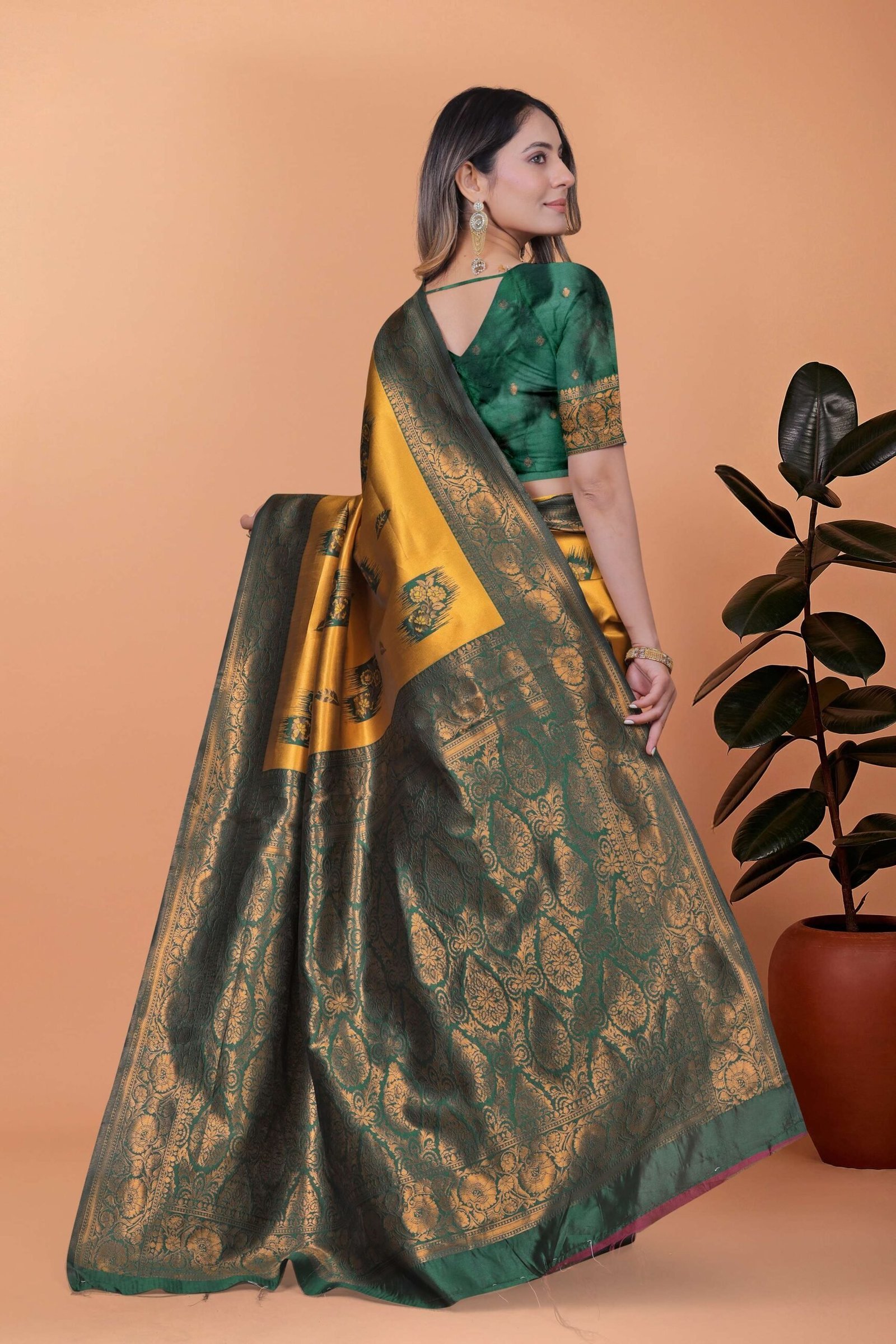 Mustard Yellow & Green Banarasi Silk Saree with Zari Weaving | Elegant Traditional Saree for Weddings, Festivals & Ethnic Occasions