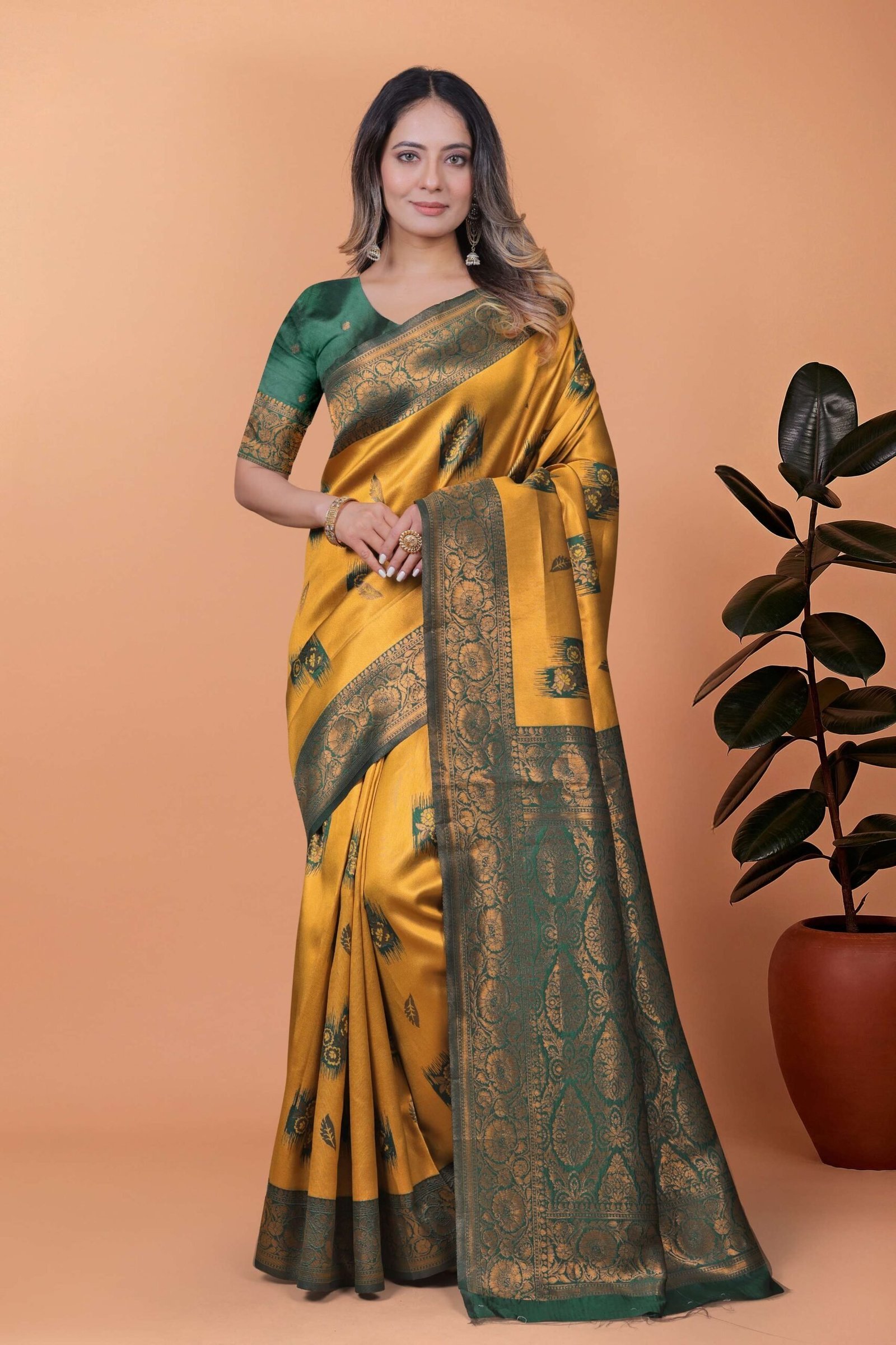 Mustard Yellow & Green Banarasi Silk Saree with Zari Weaving | Elegant Traditional Saree for Weddings, Festivals & Ethnic Occasions