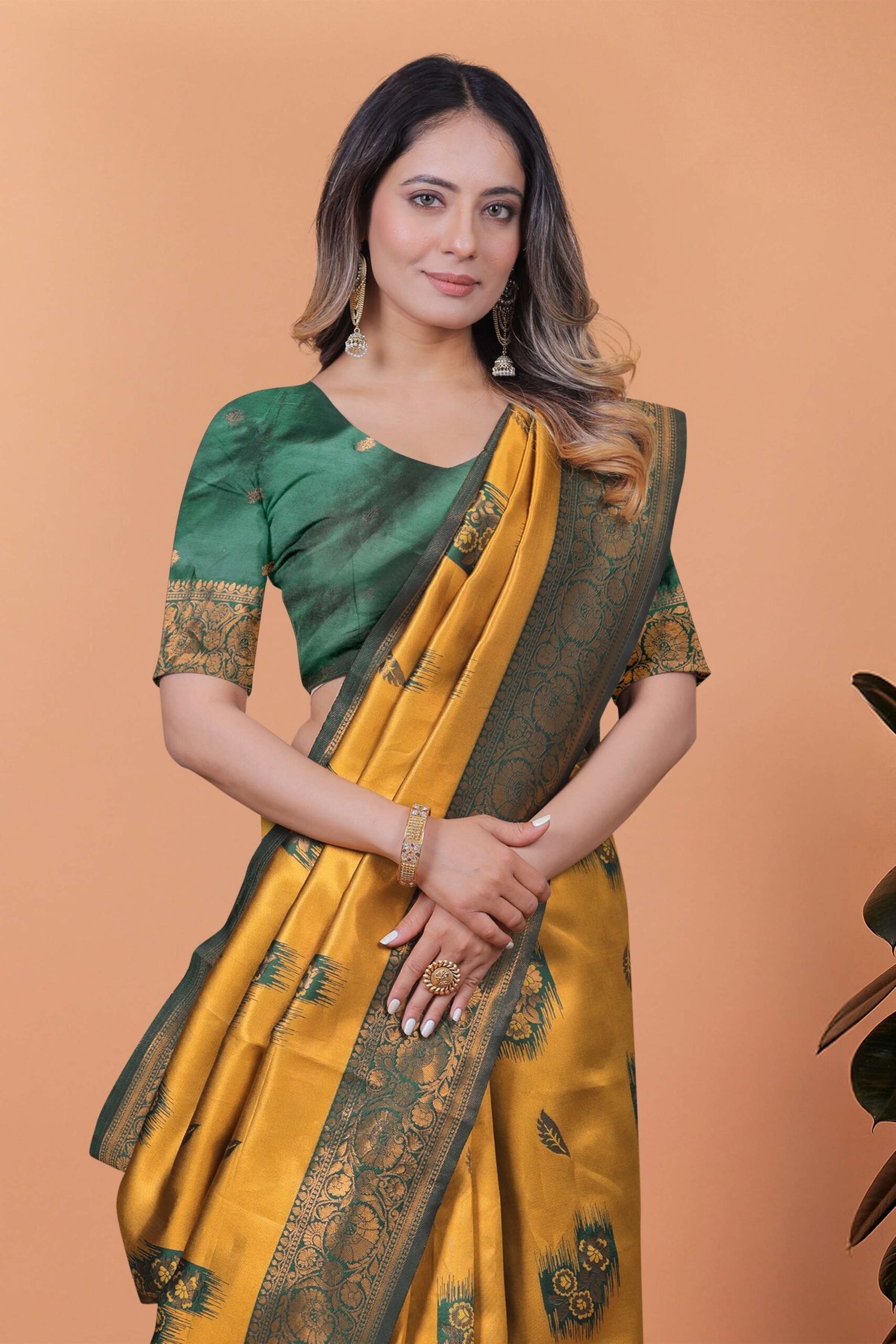 Mustard Yellow & Green Banarasi Silk Saree with Zari Weaving | Elegant Traditional Saree for Weddings, Festivals & Ethnic Occasions