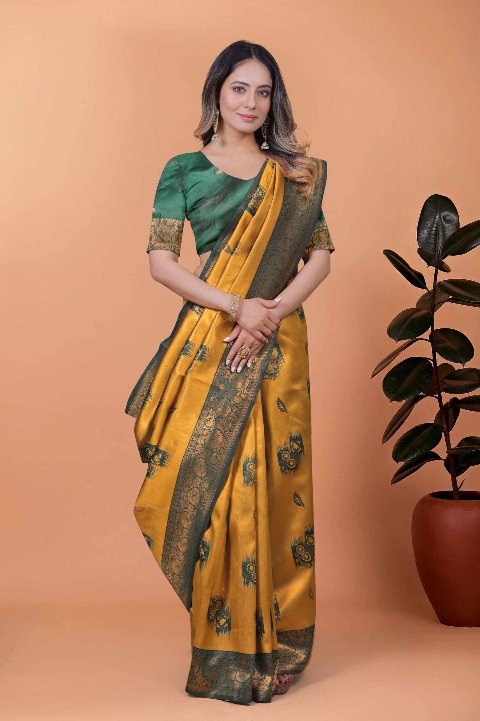 Mustard Yellow & Green Banarasi Silk Saree with Zari Weaving | Elegant Traditional Saree for Weddings, Festivals & Ethnic Occasions