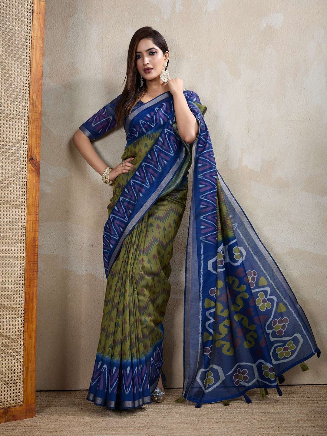 Olive Green & Blue Ikat Printed Chanderi Saree ? Elegant Festive & Cultural Wear