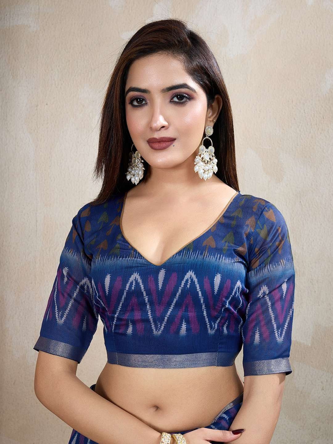 Olive Green & Blue Ikat Printed Chanderi Saree ? Elegant Festive & Cultural Wear