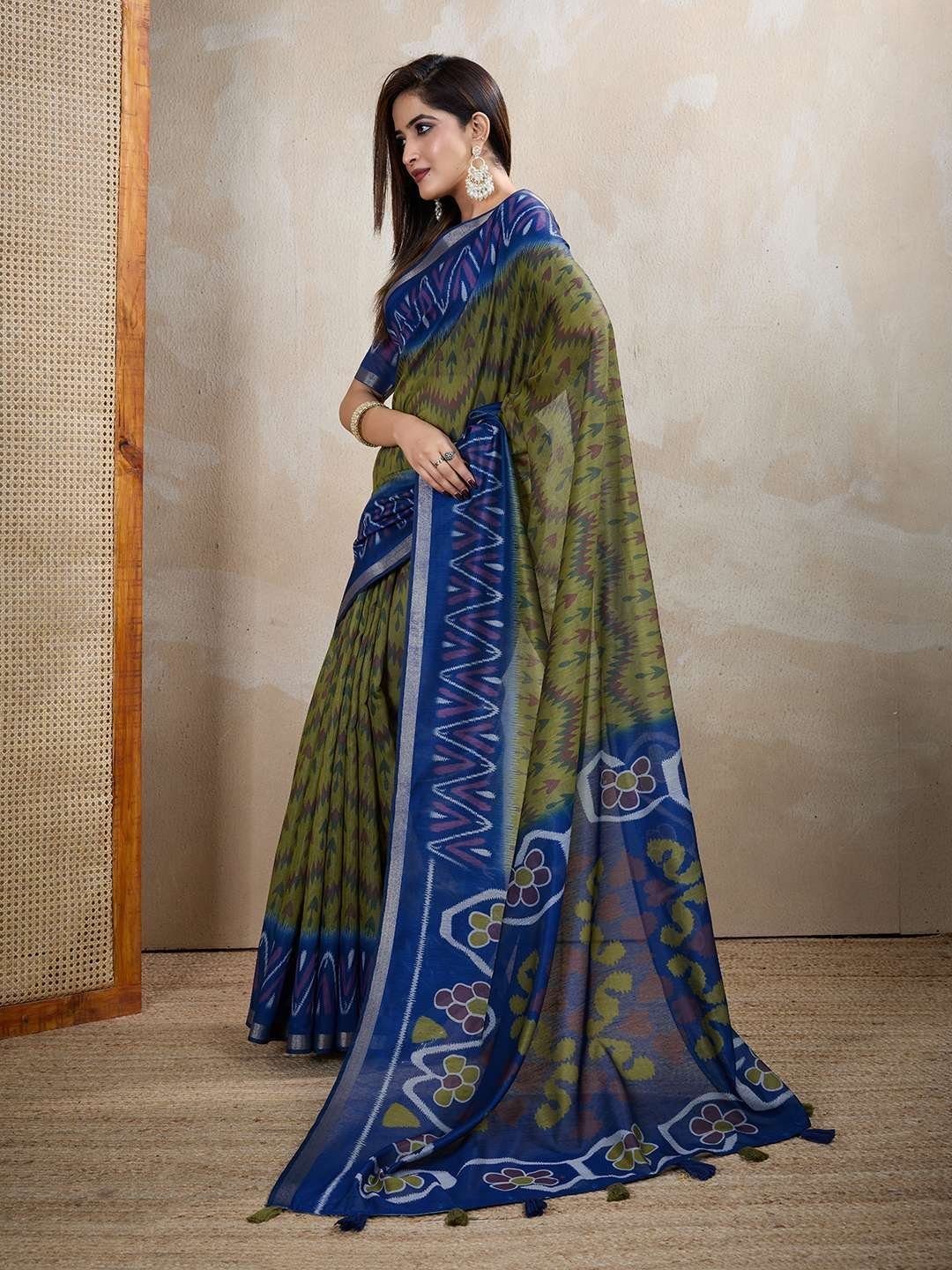 Olive Green & Blue Ikat Printed Chanderi Saree ? Elegant Festive & Cultural Wear