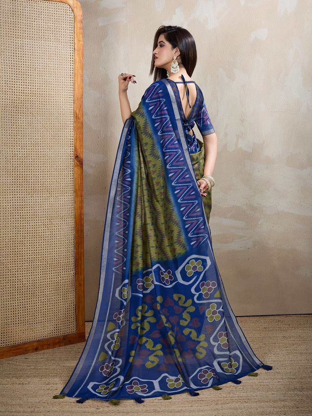 Olive Green & Blue Ikat Printed Chanderi Saree ? Elegant Festive & Cultural Wear