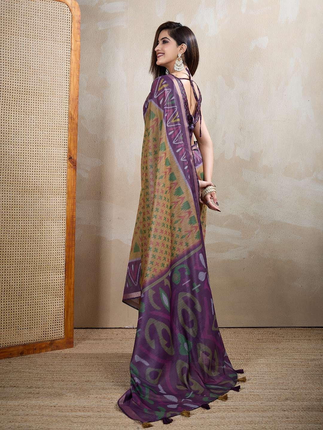 Olive & Purple Ikat Printed Chanderi Saree ? Elegant Festive & Wedding Wear