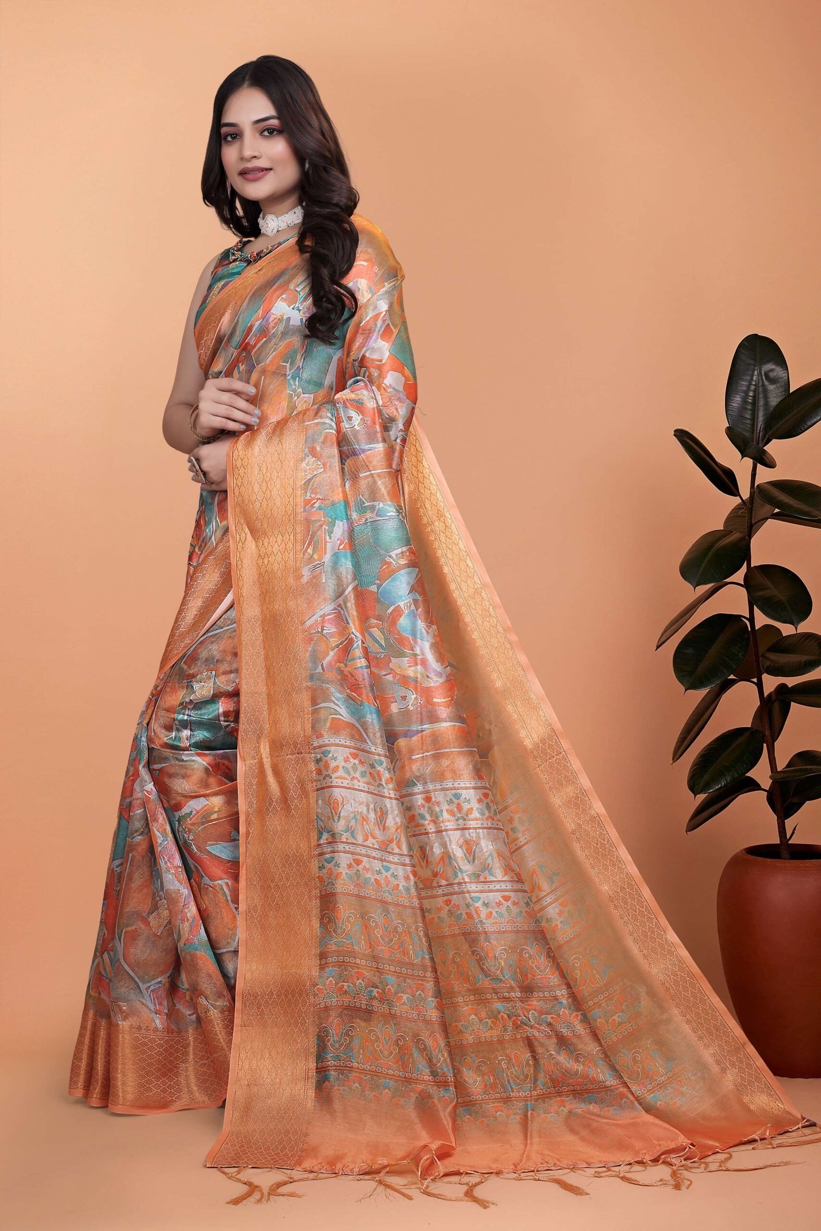 Orange & Copper Soft Silk Blend Saree with Zari Border and Printed Pallu