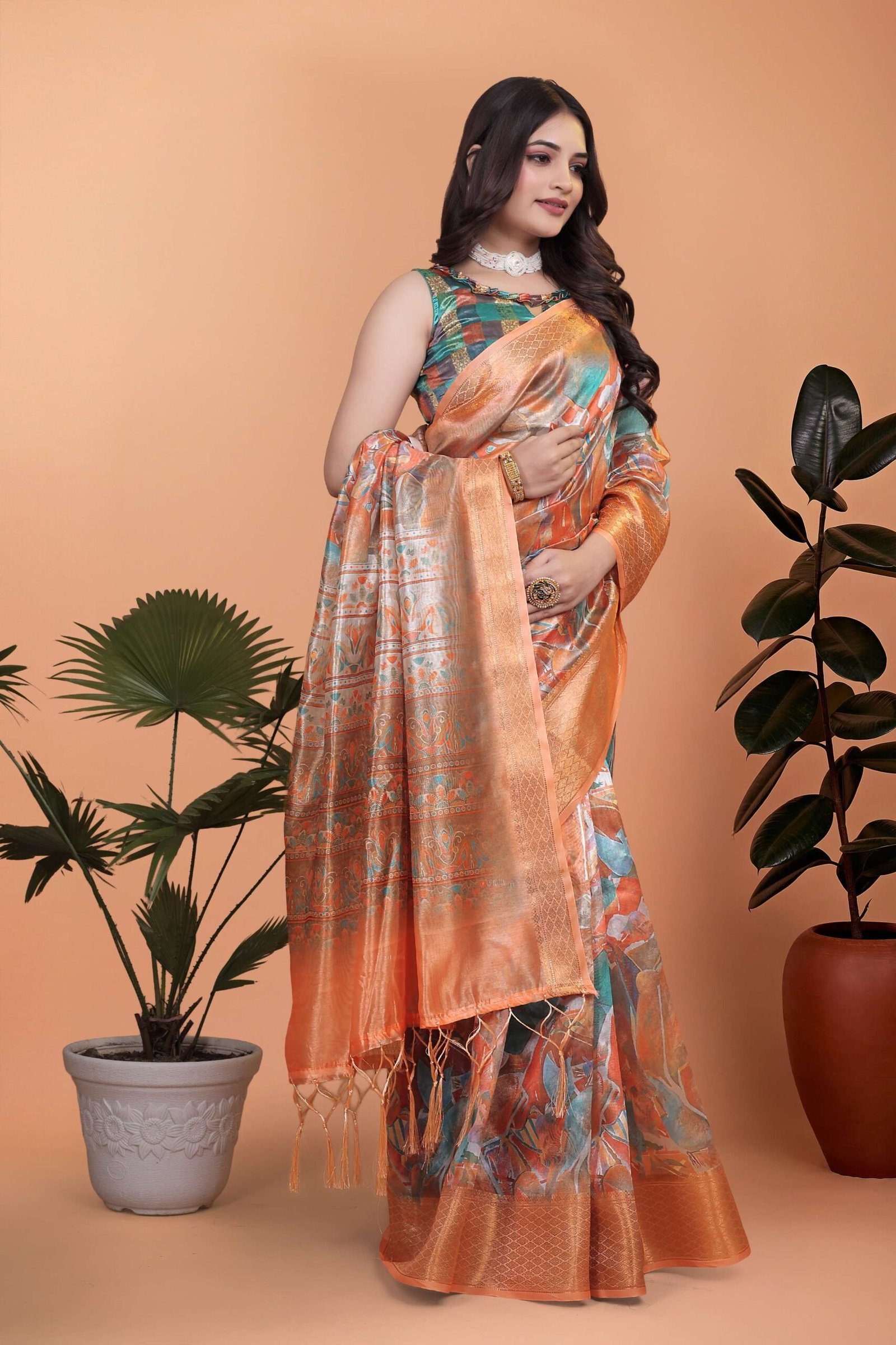 Orange & Copper Soft Silk Blend Saree with Zari Border and Printed Pallu