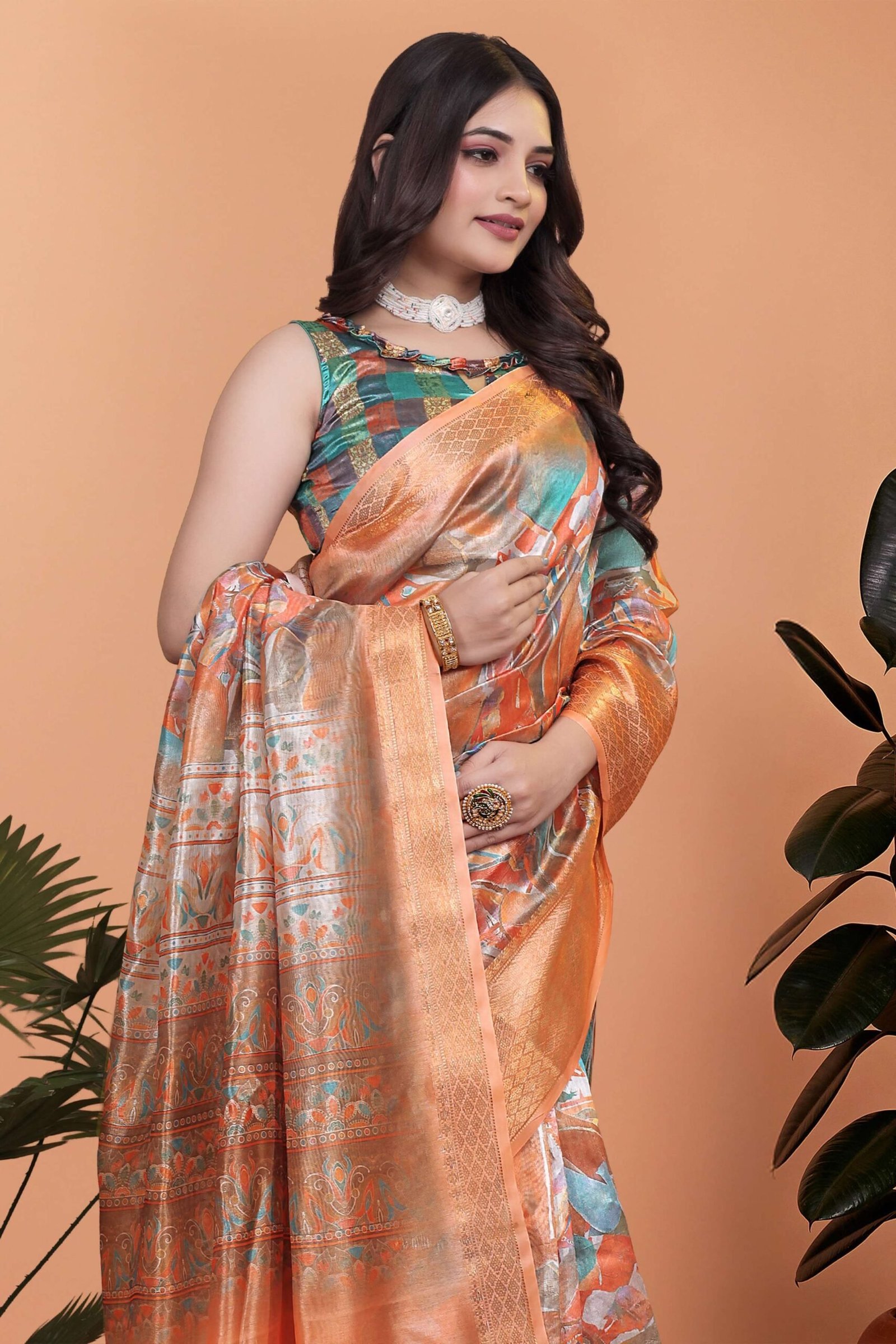 Orange & Copper Soft Silk Blend Saree with Zari Border and Printed Pallu