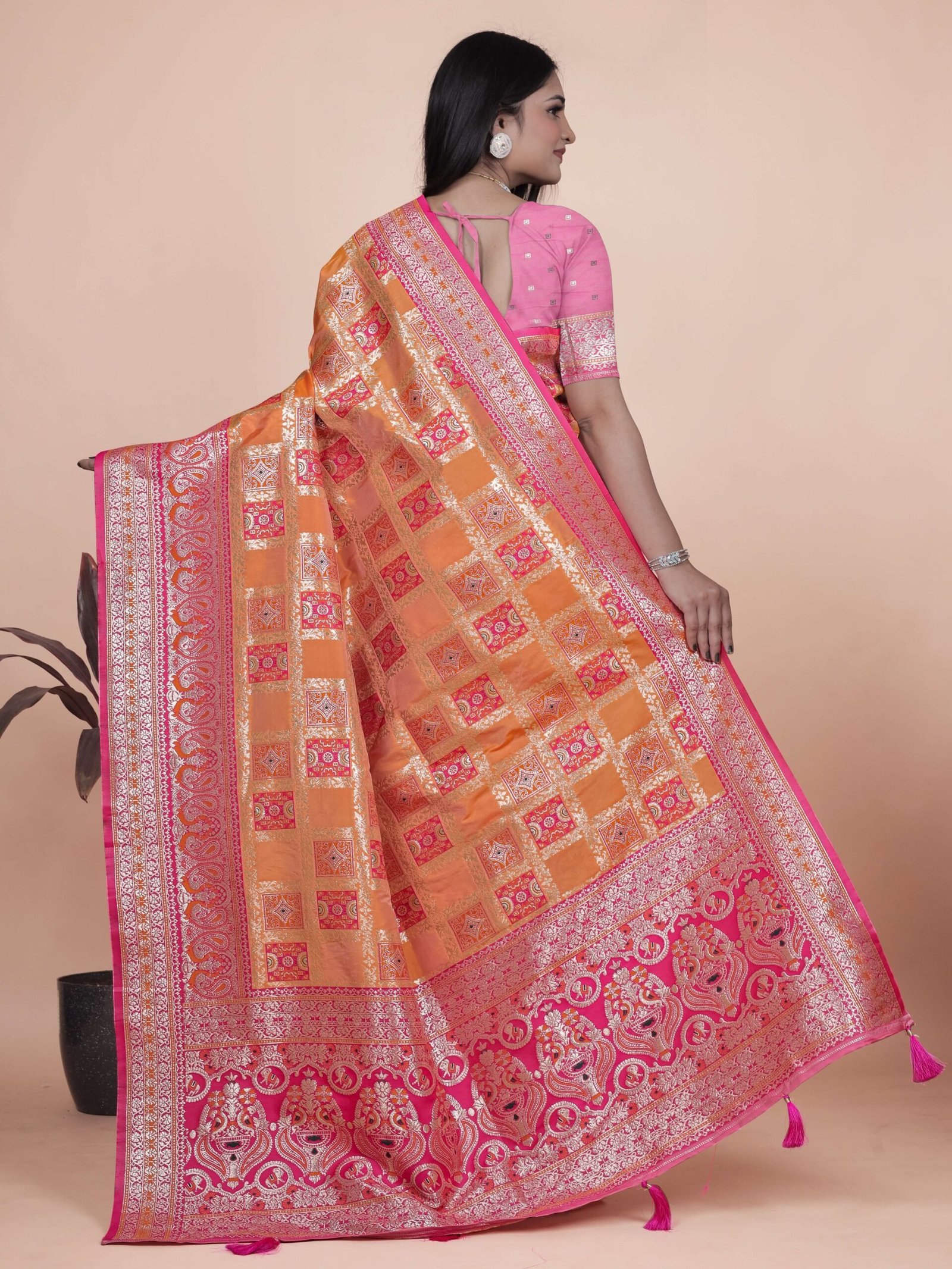 Orange & Pink Banarasi Silk Saree with Silver Zari | Wedding & Festive Saree | Traditional Banarasi Saree with Rich Contrast Pallu