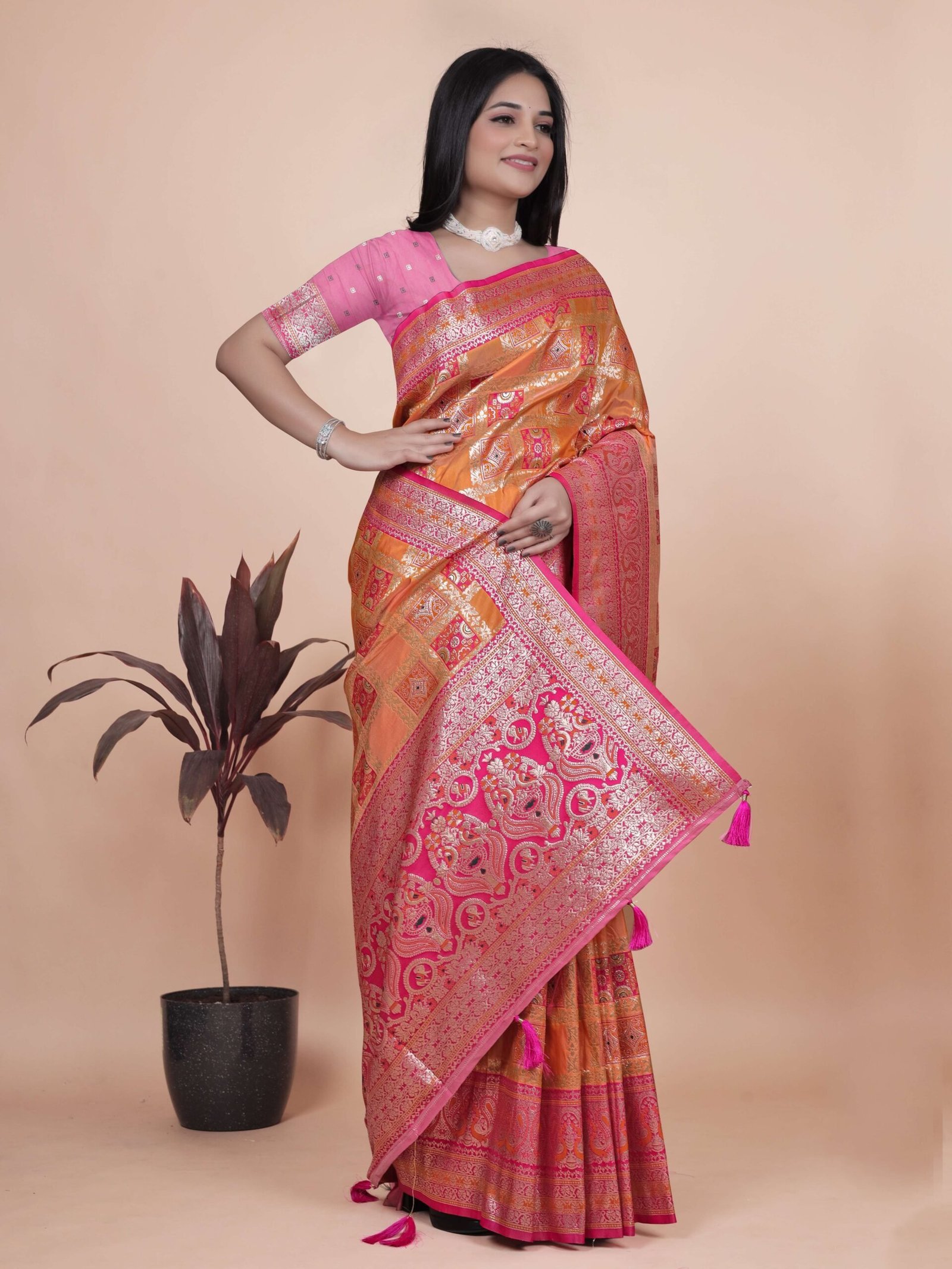 Orange & Pink Banarasi Silk Saree with Silver Zari | Wedding & Festive Saree | Traditional Banarasi Saree with Rich Contrast Pallu