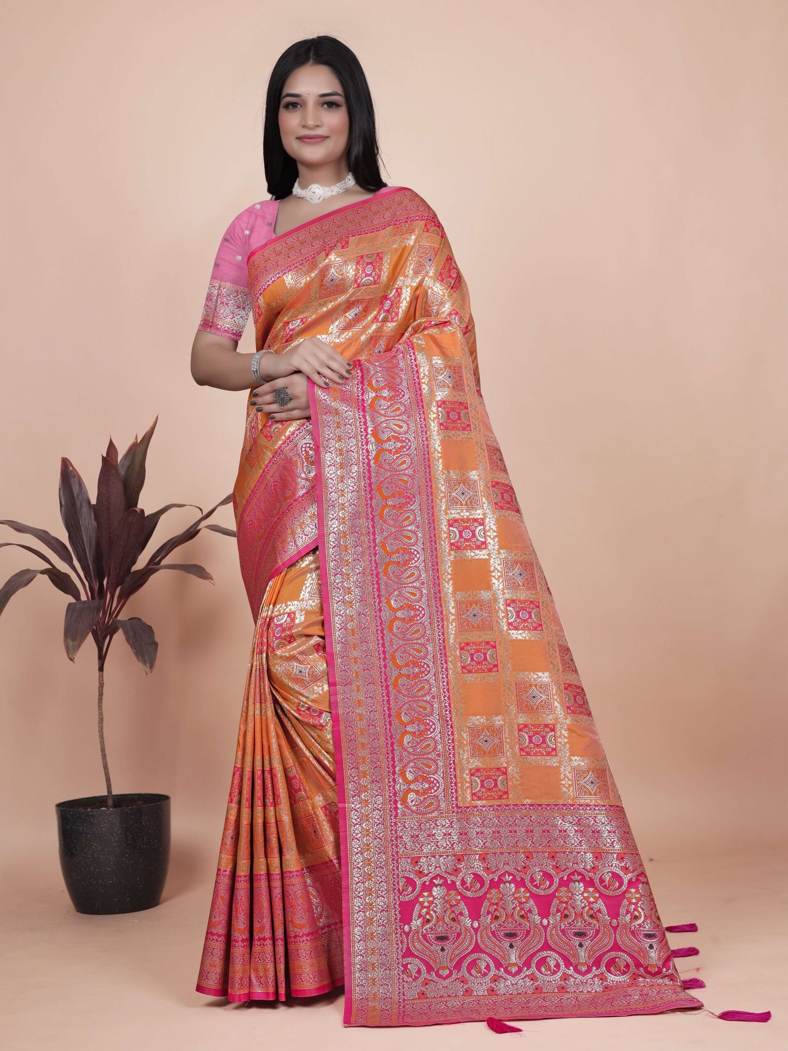 Orange & Pink Banarasi Silk Saree with Silver Zari | Wedding & Festive Saree | Traditional Banarasi Saree with Rich Contrast Pallu