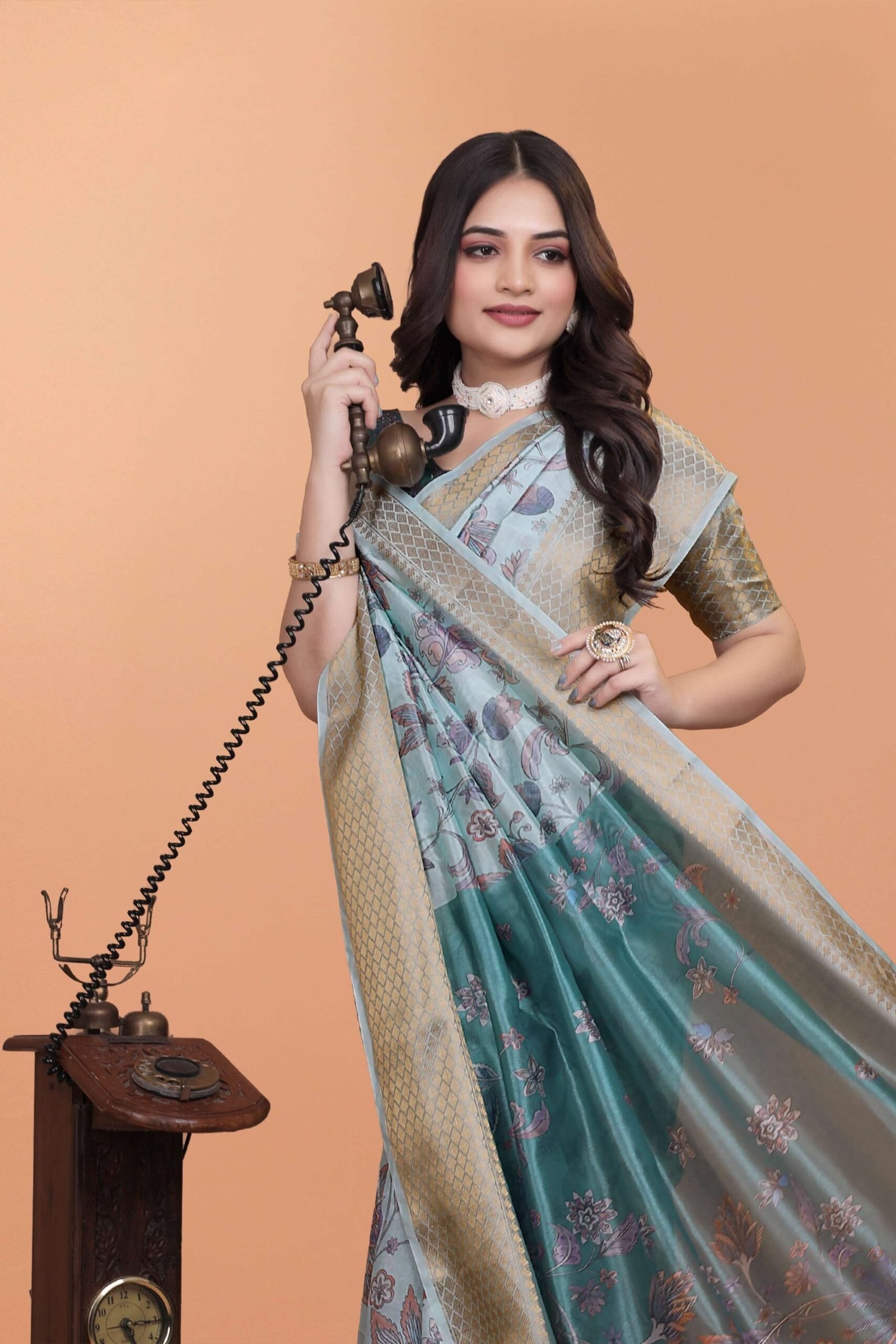 Pastel Blue & Teal Soft Silk Saree with Floral Weaving