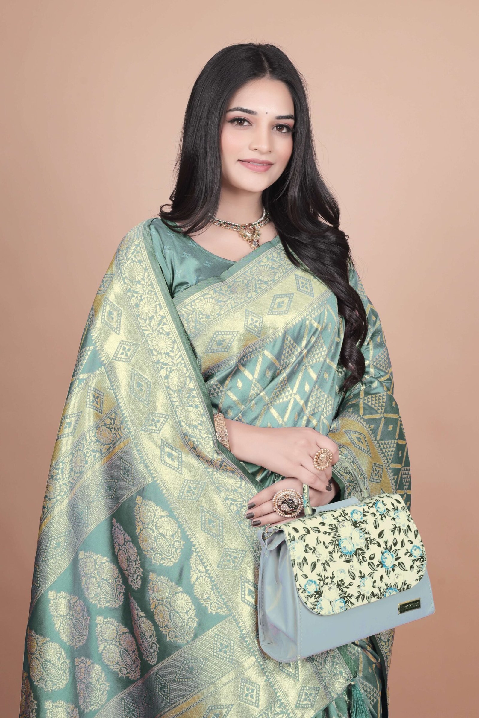 Pastel Green Banarasi Silk Saree with Golden Zari Weaving | Geometric & Floral Design | Wedding & Festive Wear Saree