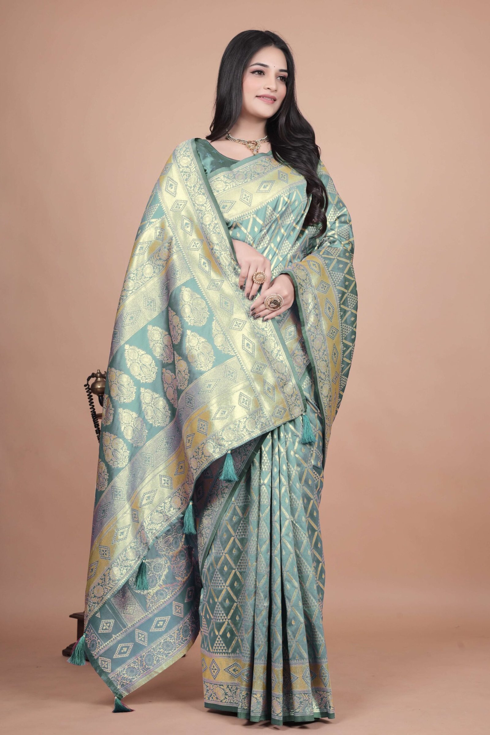 Pastel Green Banarasi Silk Saree with Golden Zari Weaving | Geometric & Floral Design | Wedding & Festive Wear Saree