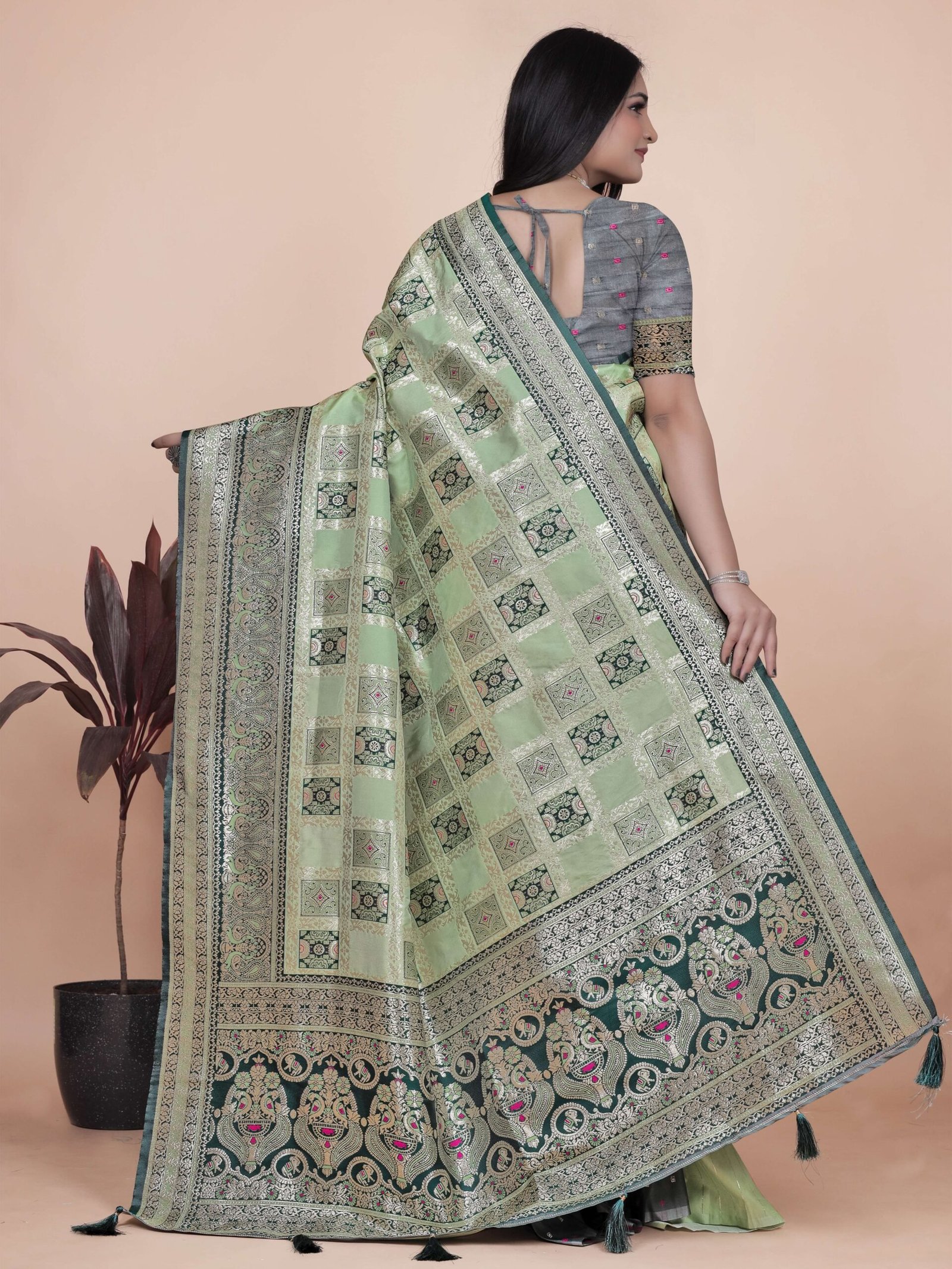 Pastel Green & Dark Green Banarasi Silk Saree with Silver Zari | Wedding & Festive Wear | Elegant Designer Banarasi Saree
