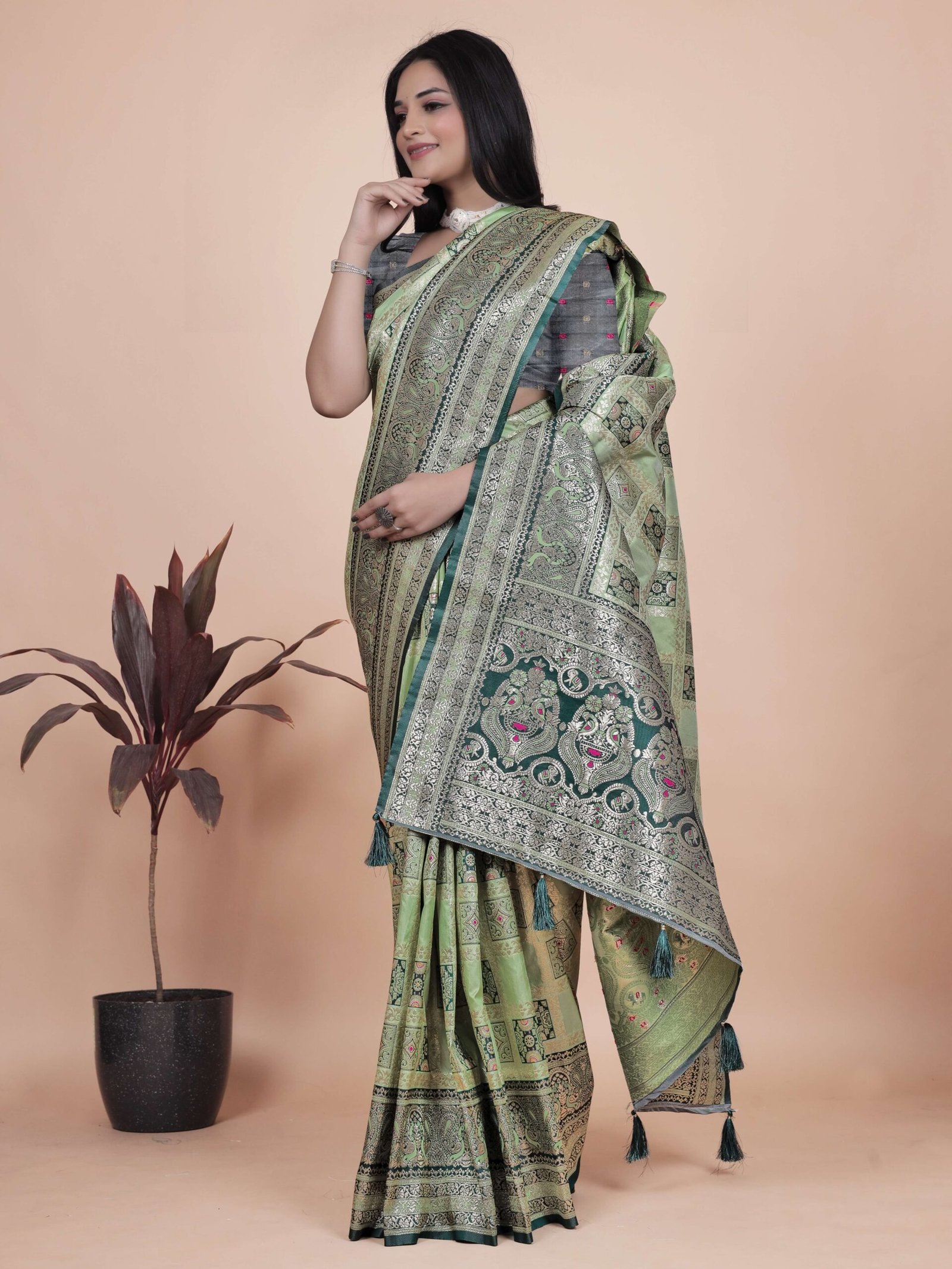 Pastel Green & Dark Green Banarasi Silk Saree with Silver Zari | Wedding & Festive Wear | Elegant Designer Banarasi Saree