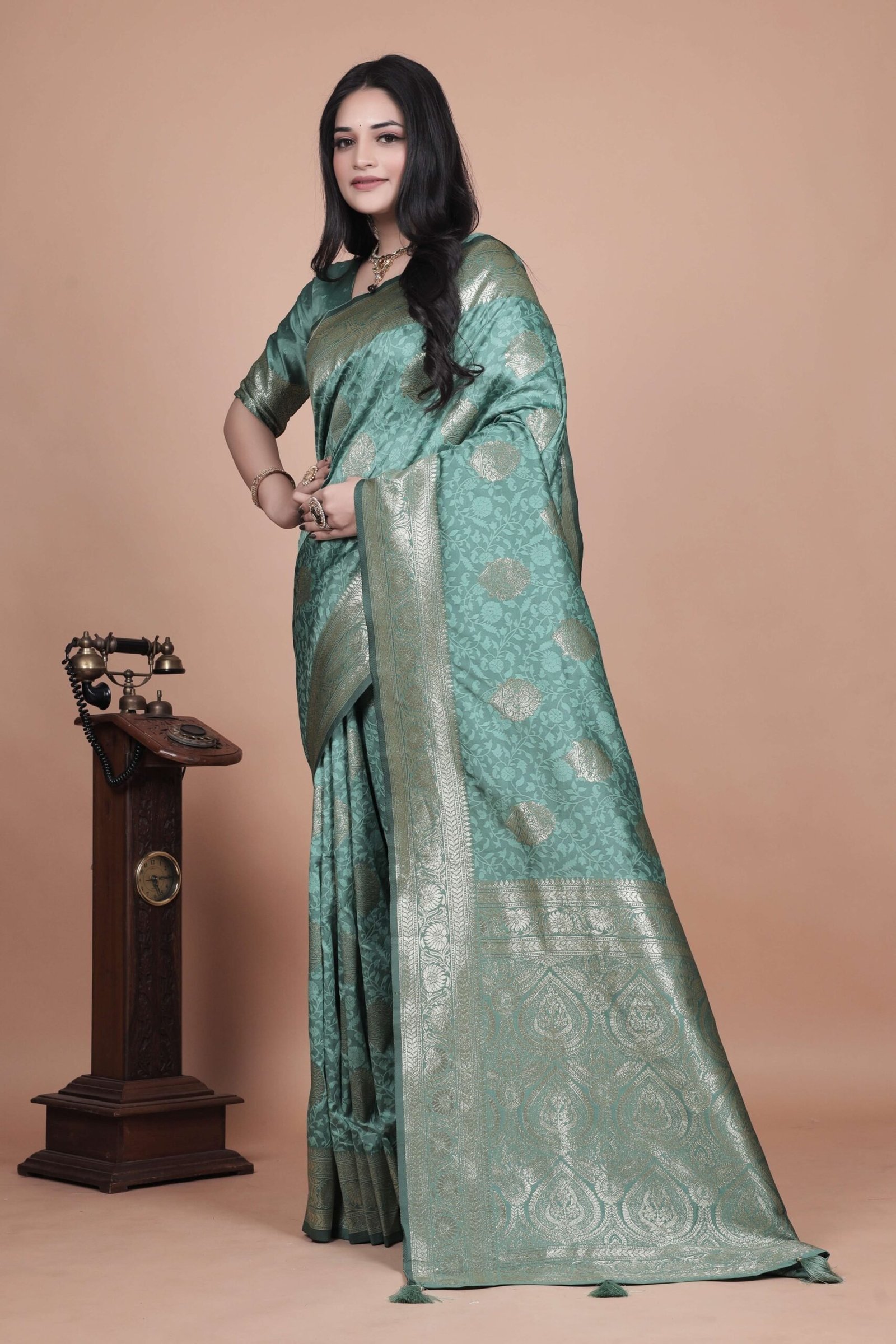 Pastel Teal Banarasi Silk Saree with Gold Zari Butti | Ornate Pallu & Border | Wedding, Festive & Traditional Wear
