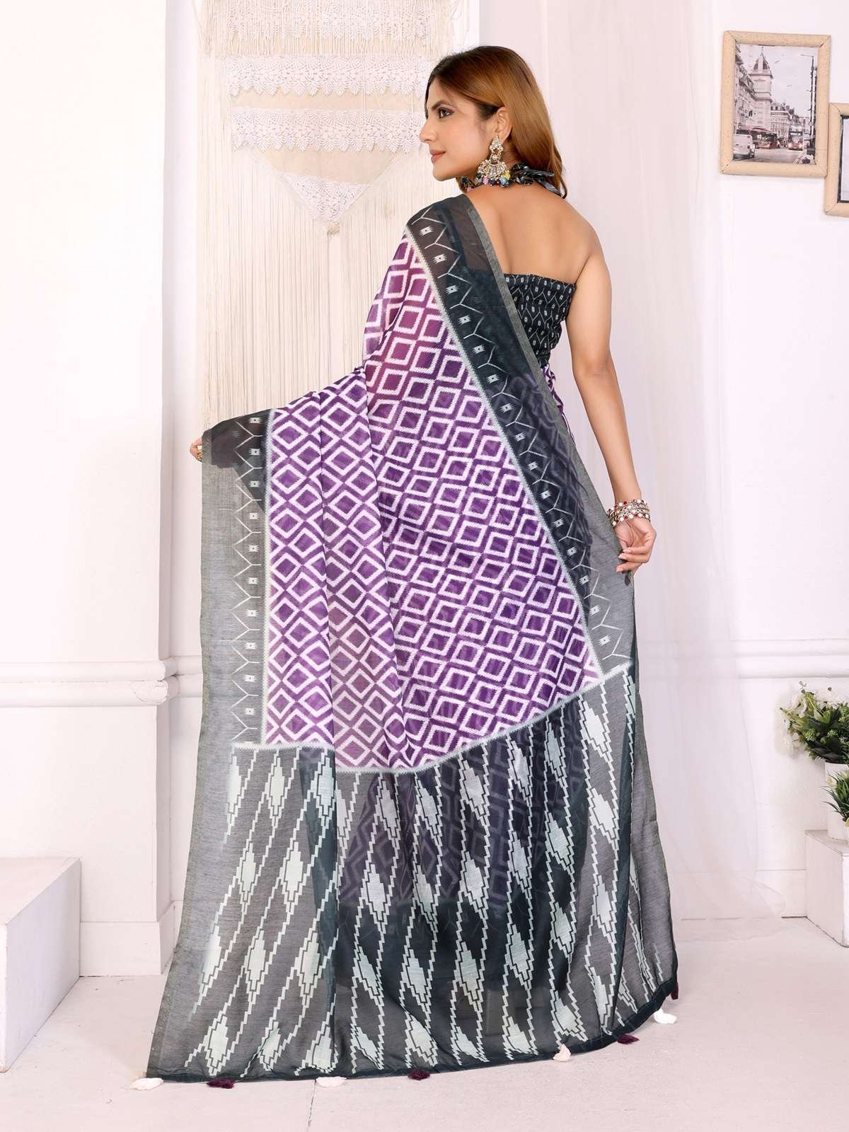 Purple & Black Ikat Chanderi Saree ? Bold Geometric Ethnic Elegance