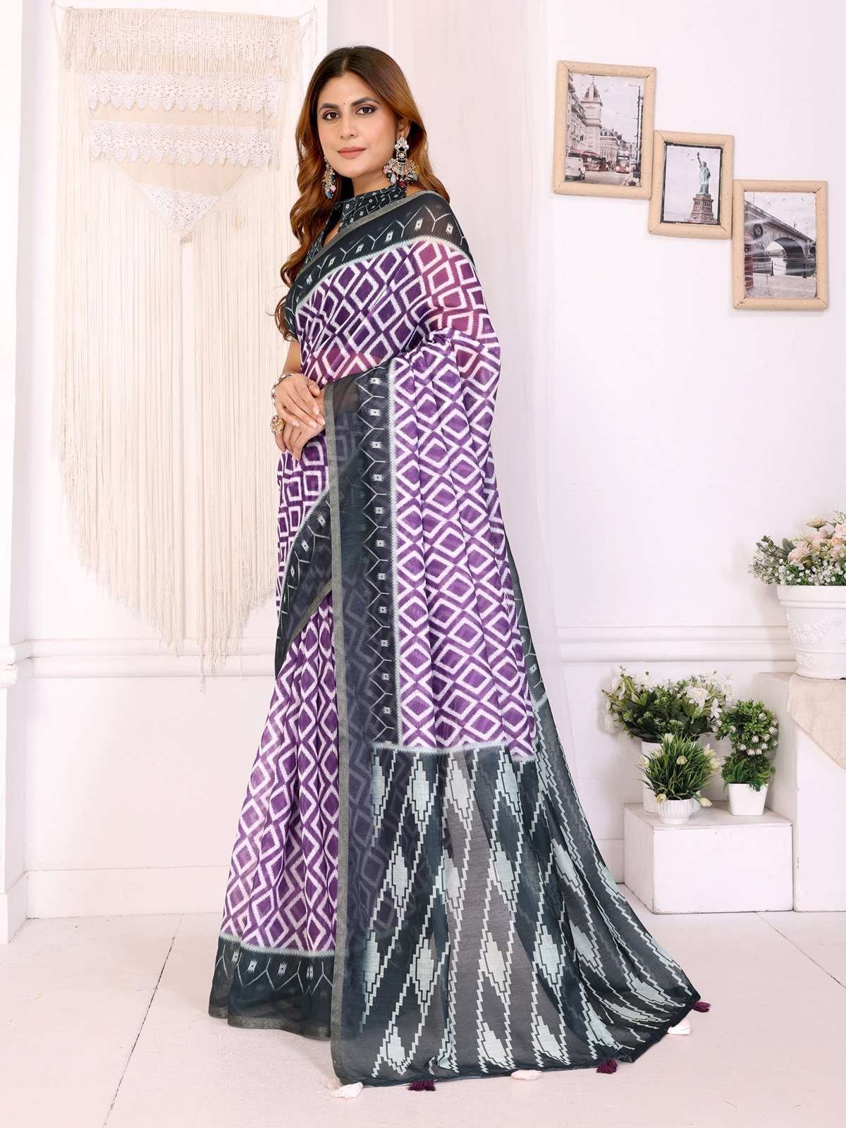 Purple & Black Ikat Chanderi Saree ? Bold Geometric Ethnic Elegance