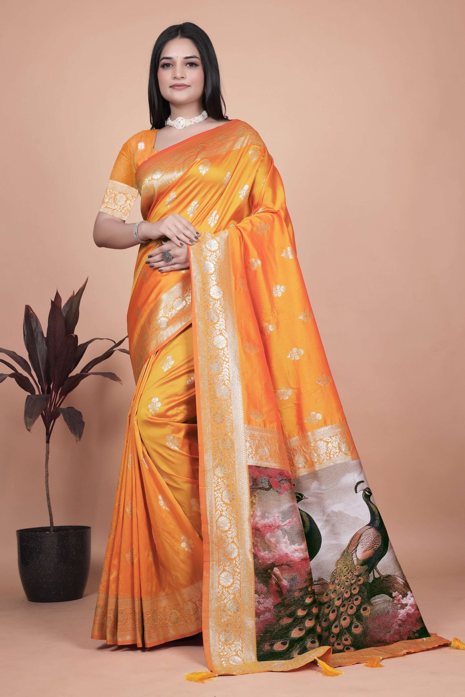 Radiant Orange Silk Saree with Golden Zari & Peacock Pallu | Festive, Wedding & Traditional Wear