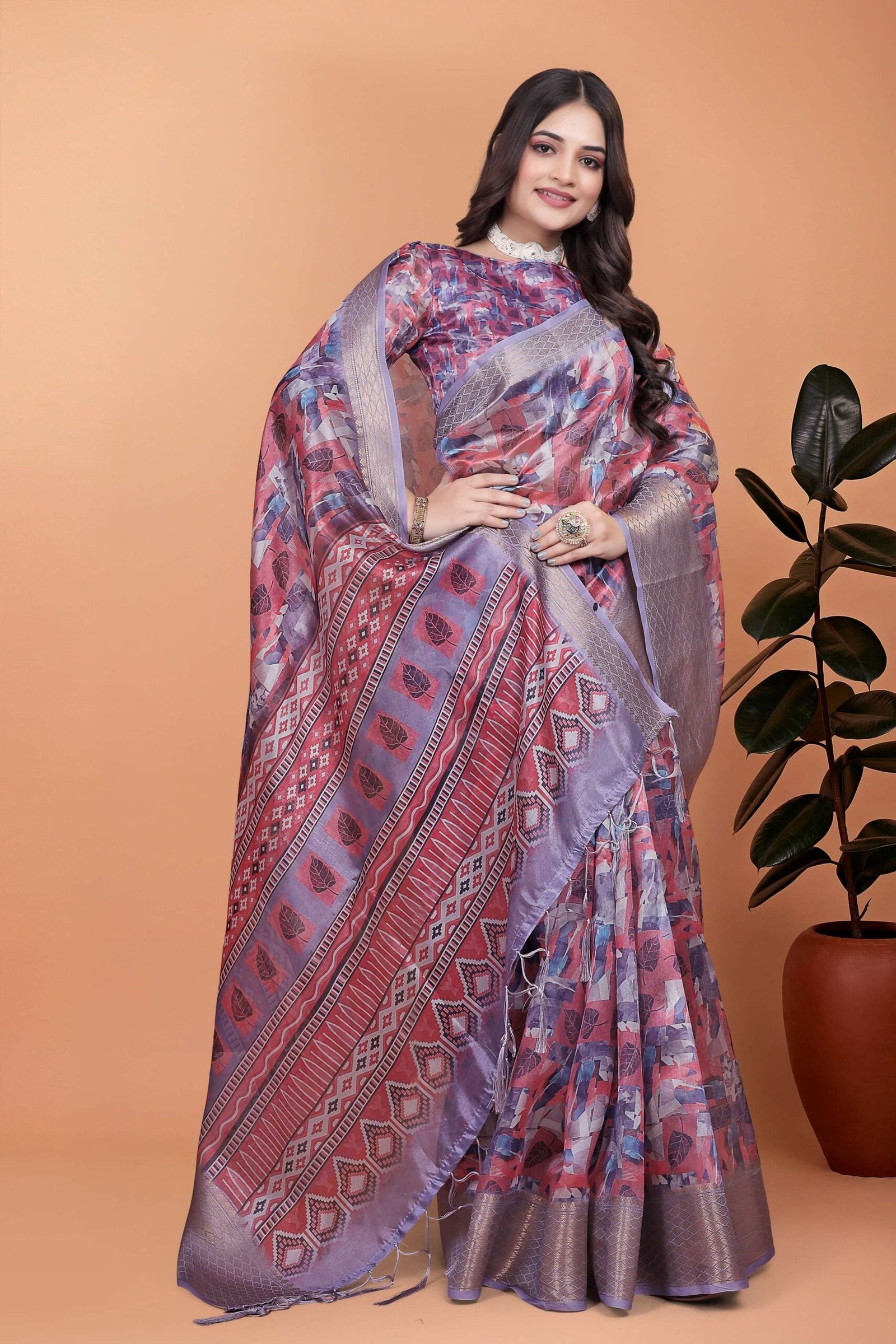 Refreshing Mint Green Linen Cotton Saree with Pink Floral Prints