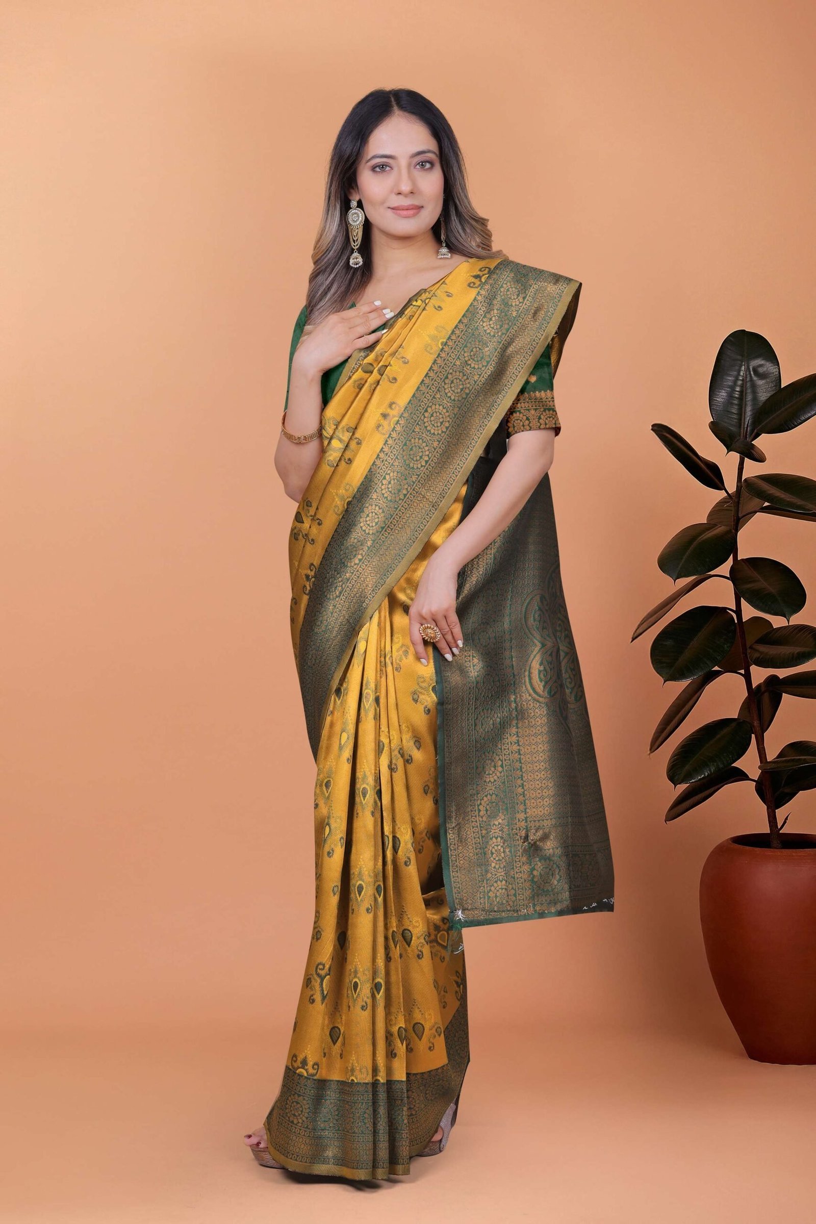 Regal Glow Mustard Yellow & Emerald Green Banarasi Silk Saree with Zari Work | Wedding, Festive & Temple Occasion Wear