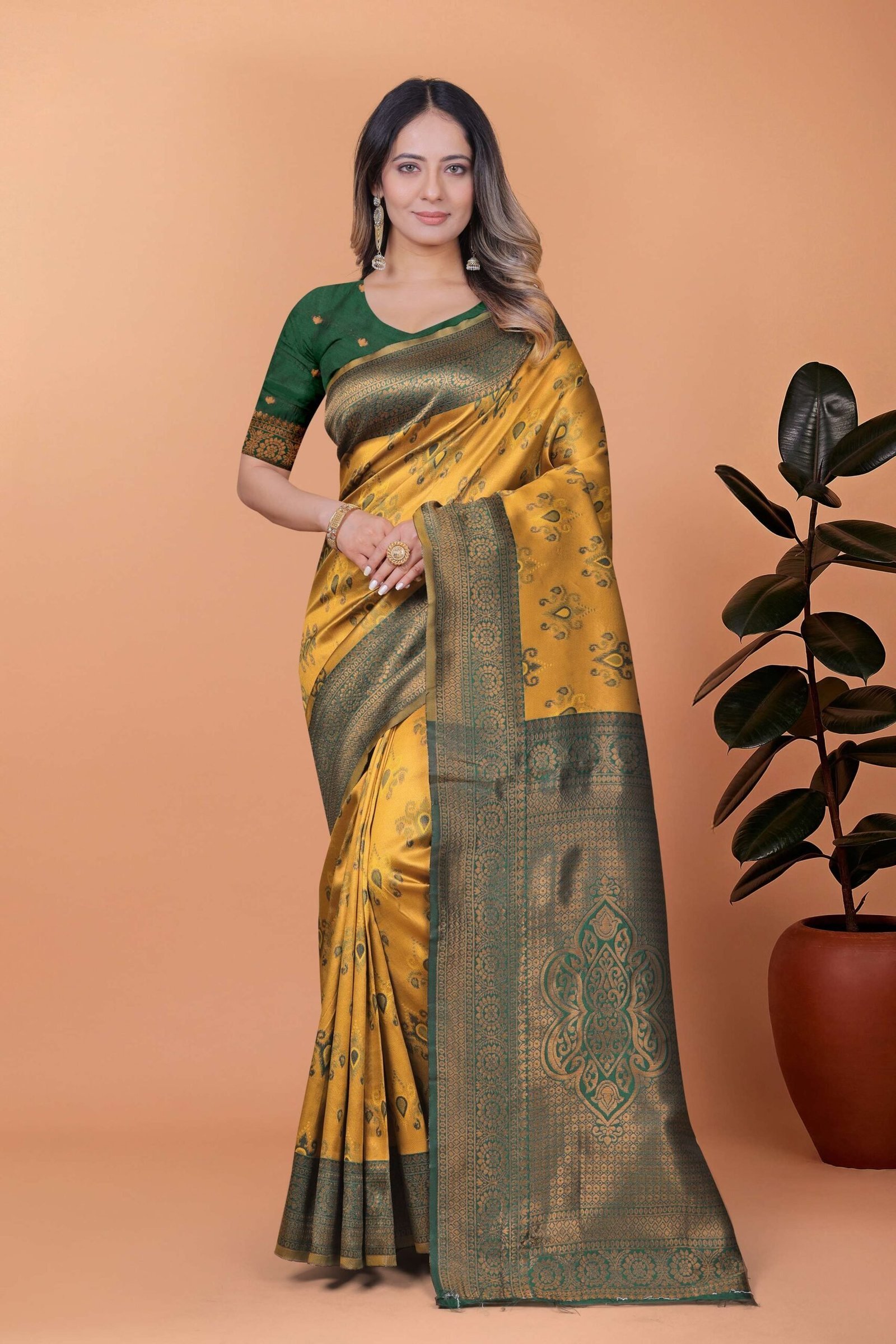Regal Glow Mustard Yellow & Emerald Green Banarasi Silk Saree with Zari Work | Wedding, Festive & Temple Occasion Wear