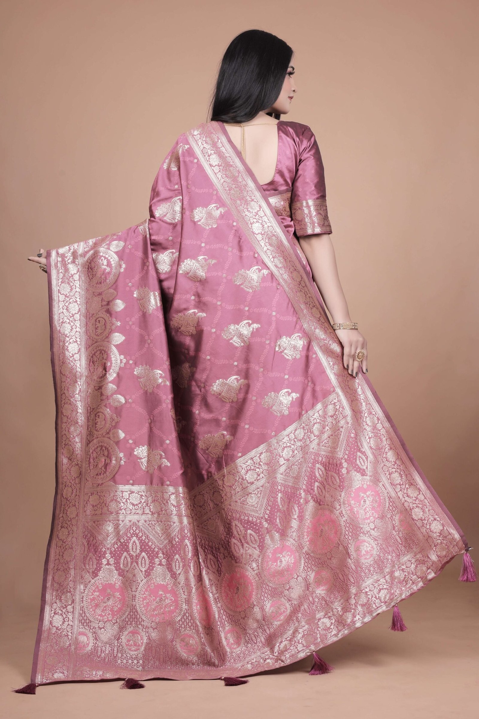 Rose Pink Banarasi Silk Saree with Silver Zari | Floral & Paisley Motifs | Wedding, Festive & Traditional Wear