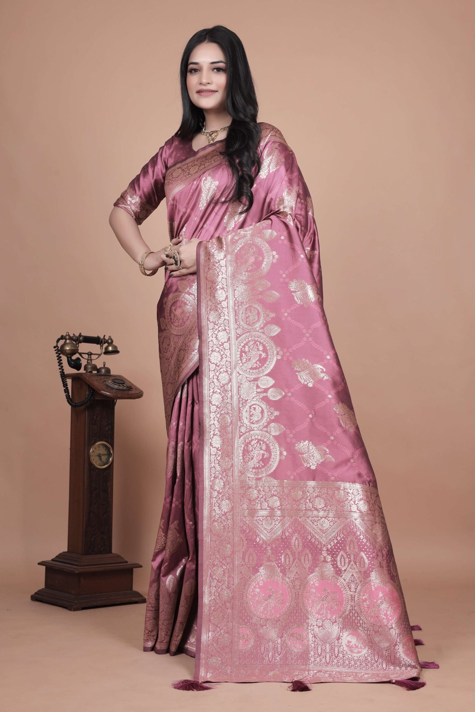 Rose Pink Banarasi Silk Saree with Silver Zari | Floral & Paisley Motifs | Wedding, Festive & Traditional Wear