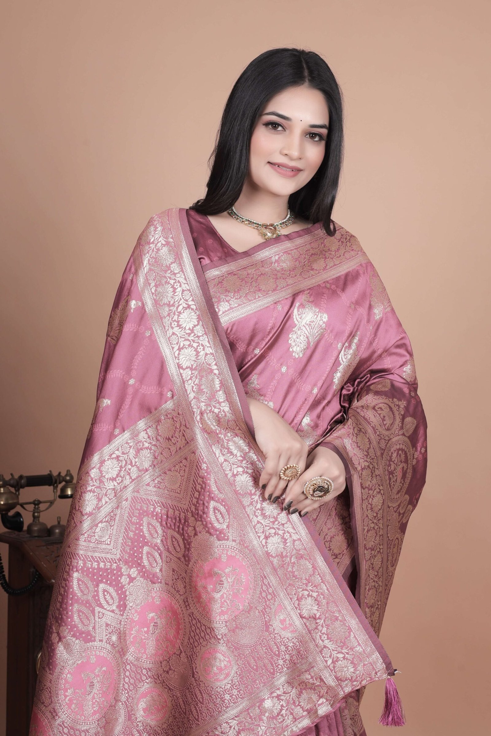 Rose Pink Banarasi Silk Saree with Silver Zari | Floral & Paisley Motifs | Wedding, Festive & Traditional Wear