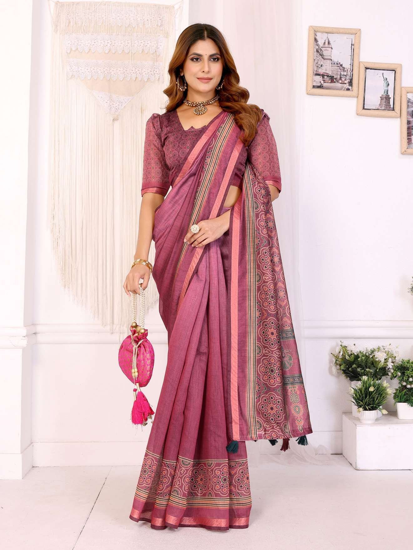 Rosewood Elegance Chanderi Saree with Ethnic Motif Border & Tassels ? Festive & Wedding Wear