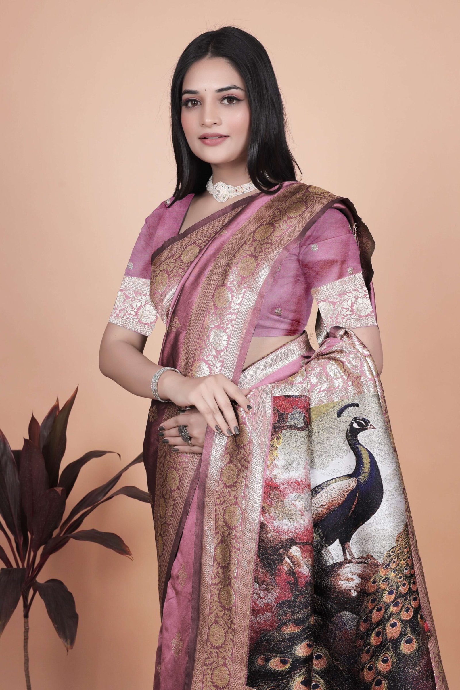 Rosewood Pink Banarasi Silk Saree with Golden Zari & Peacock Pallu | Wedding, Festive & Traditional Wear