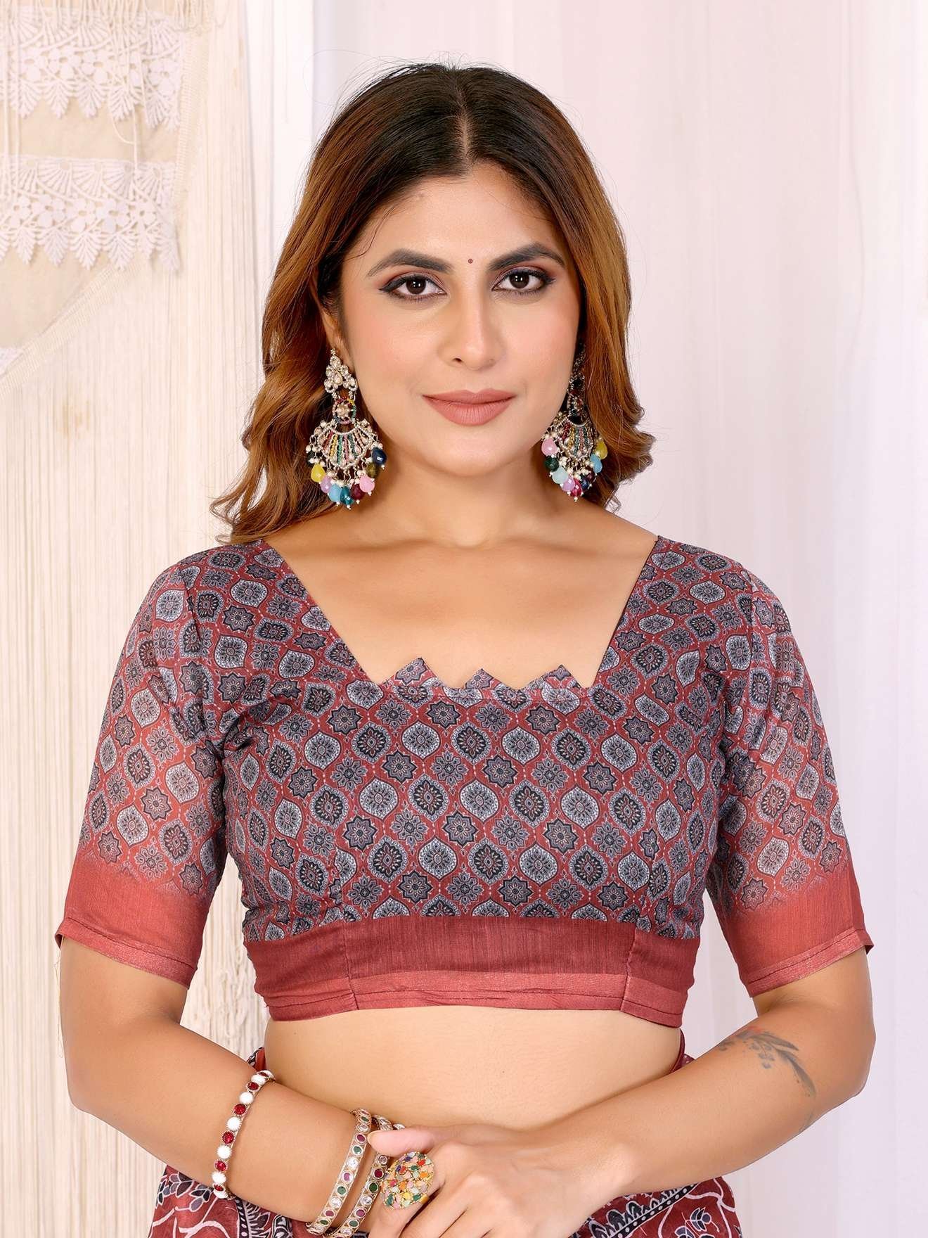 Rust Red Chanderi Saree with Black & White Traditional Prints ? Elegant Festive Wear