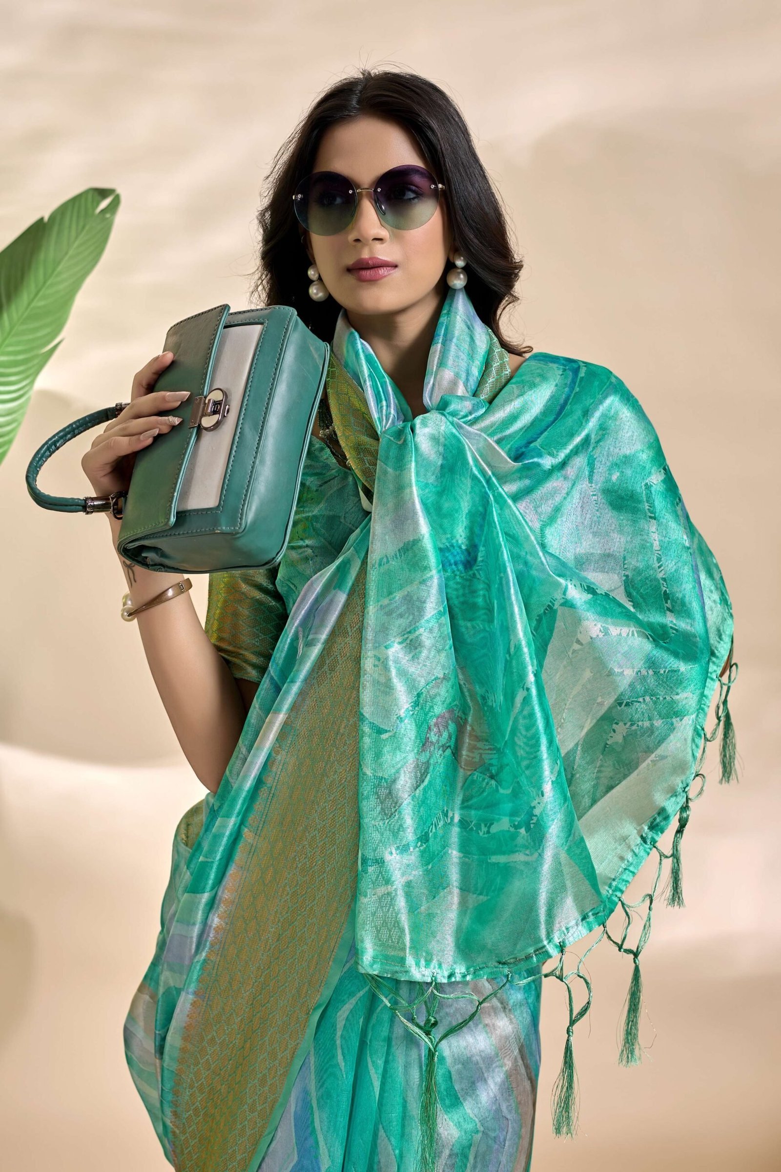 Sea Green Soft Silk Blend Saree with Subtle Wave Print & Zari Border
